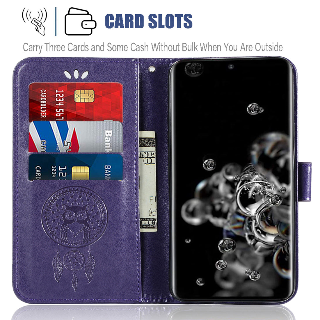 Imprinted Dream Catcher Owl Leather Wallet Case for Samsung Galaxy S20 Ultra - Purple