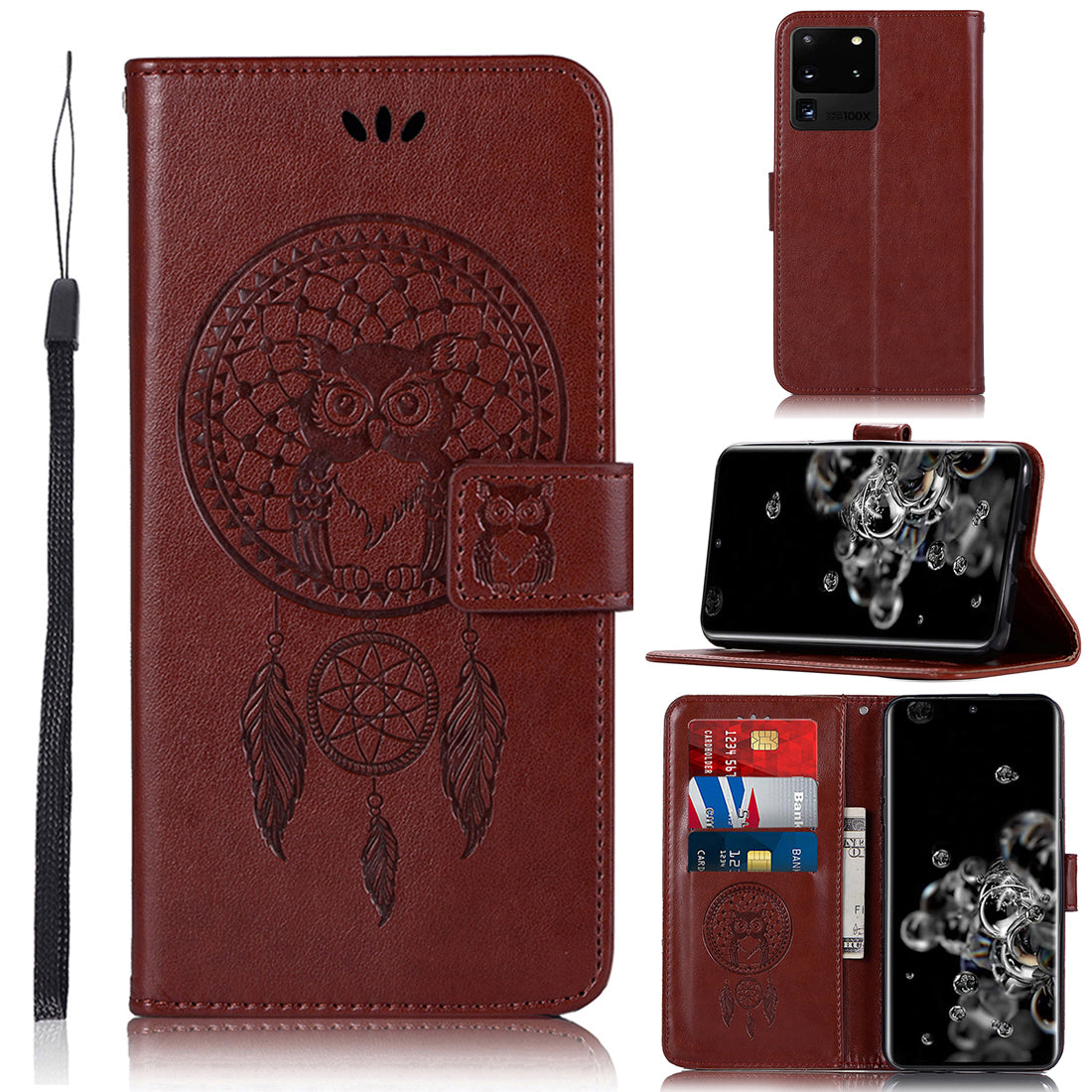 Imprinted Dream Catcher Owl Leather Wallet Case for Samsung Galaxy S20 Ultra - Brown