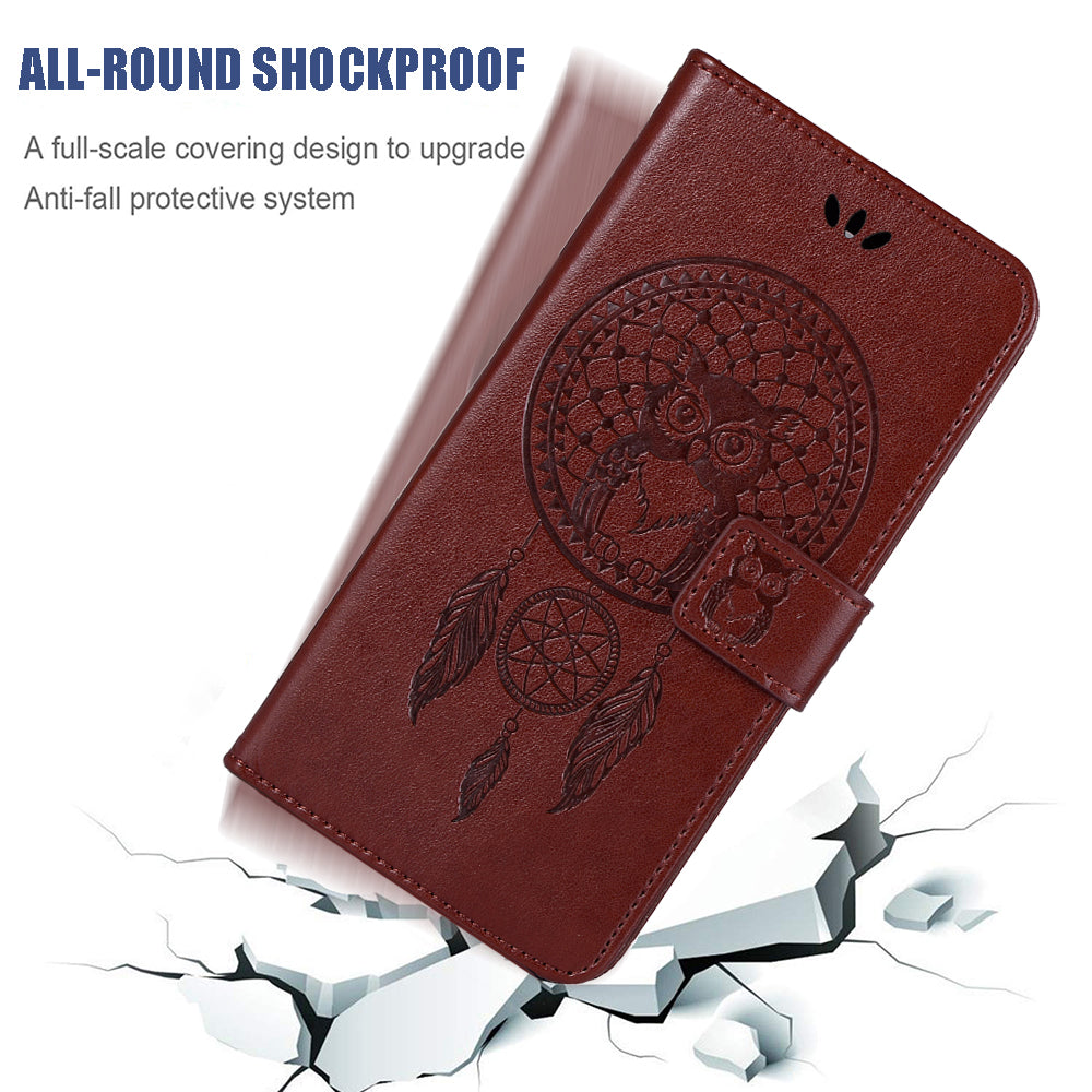 Imprinted Dream Catcher Owl Leather Wallet Case for Samsung Galaxy S20 Ultra - Brown