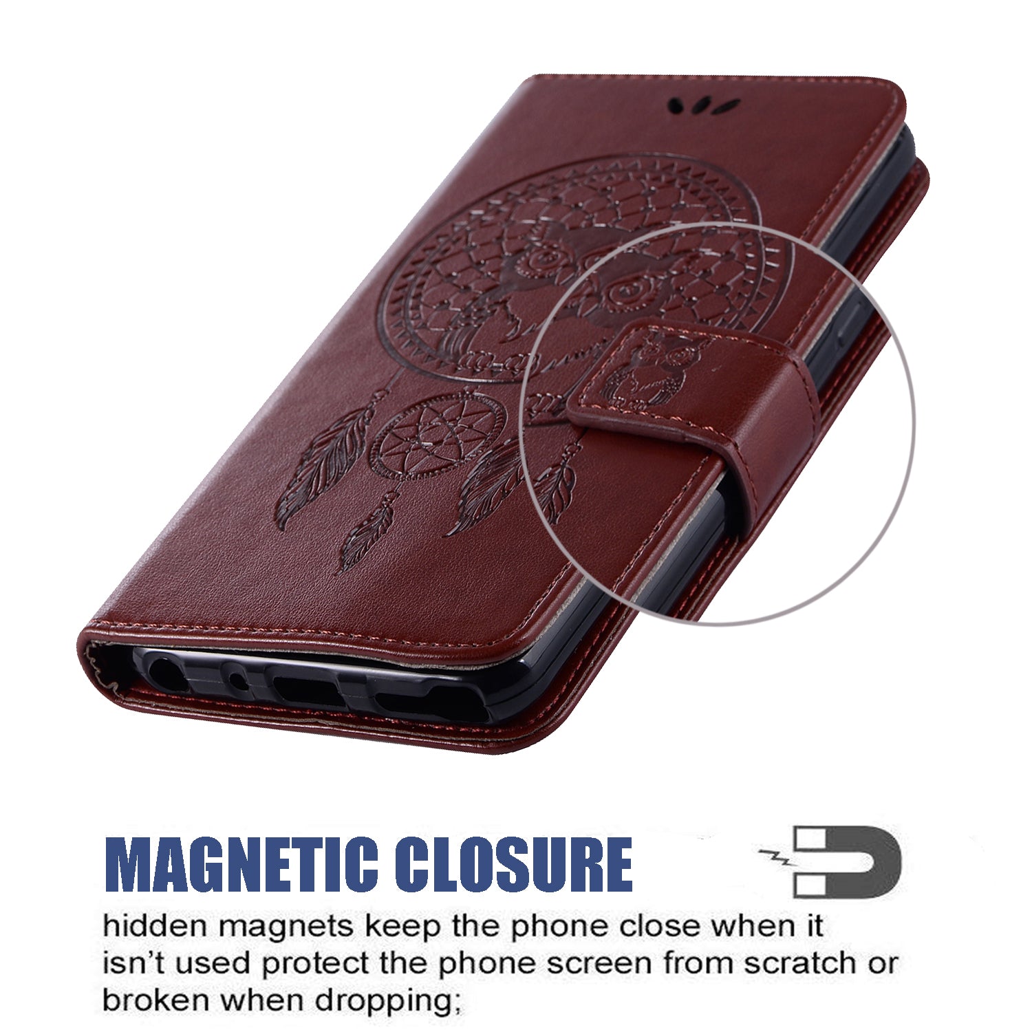 Imprinted Dream Catcher Owl Leather Wallet Case for Samsung Galaxy S20 Ultra - Brown