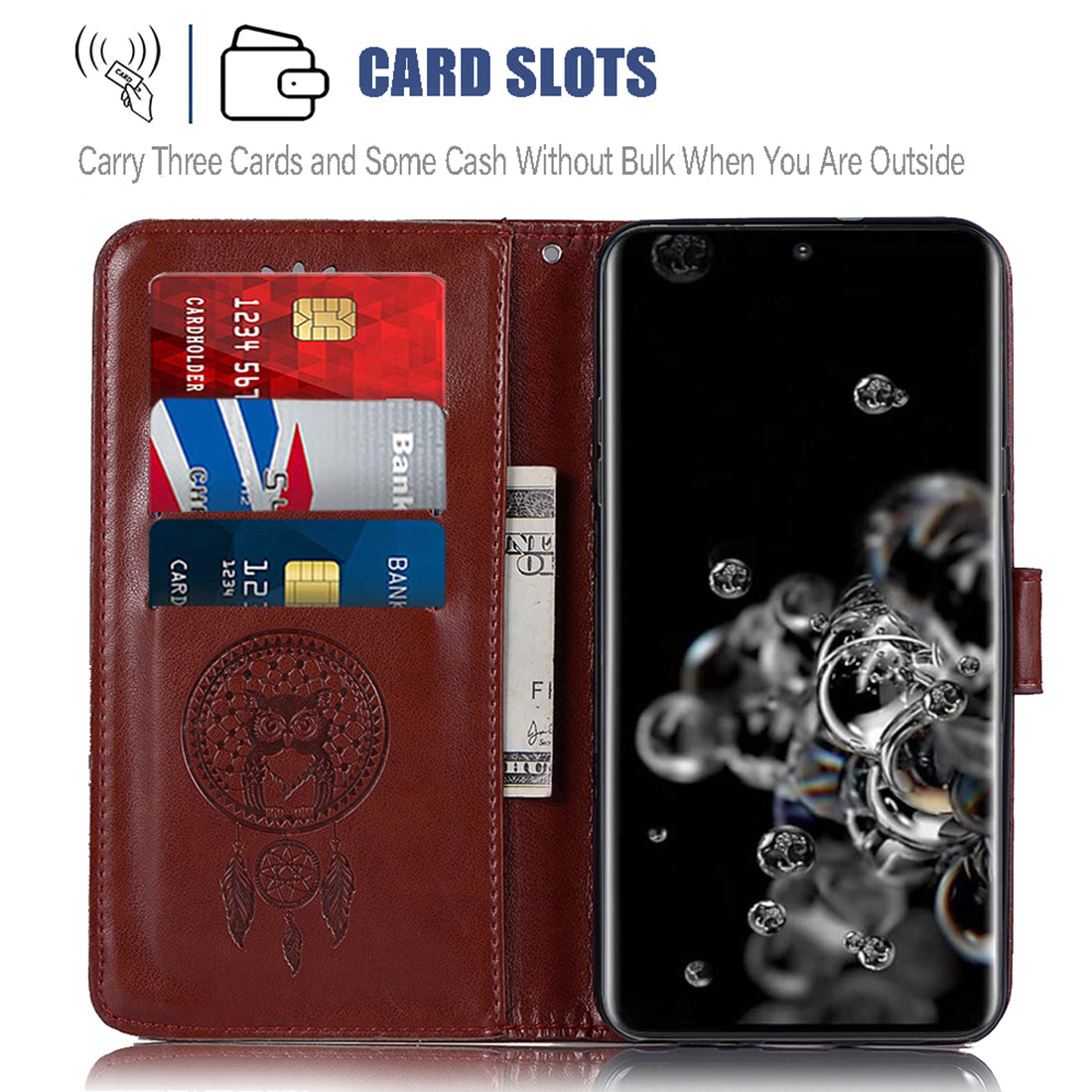 Imprinted Dream Catcher Owl Leather Wallet Case for Samsung Galaxy S20 Ultra - Brown