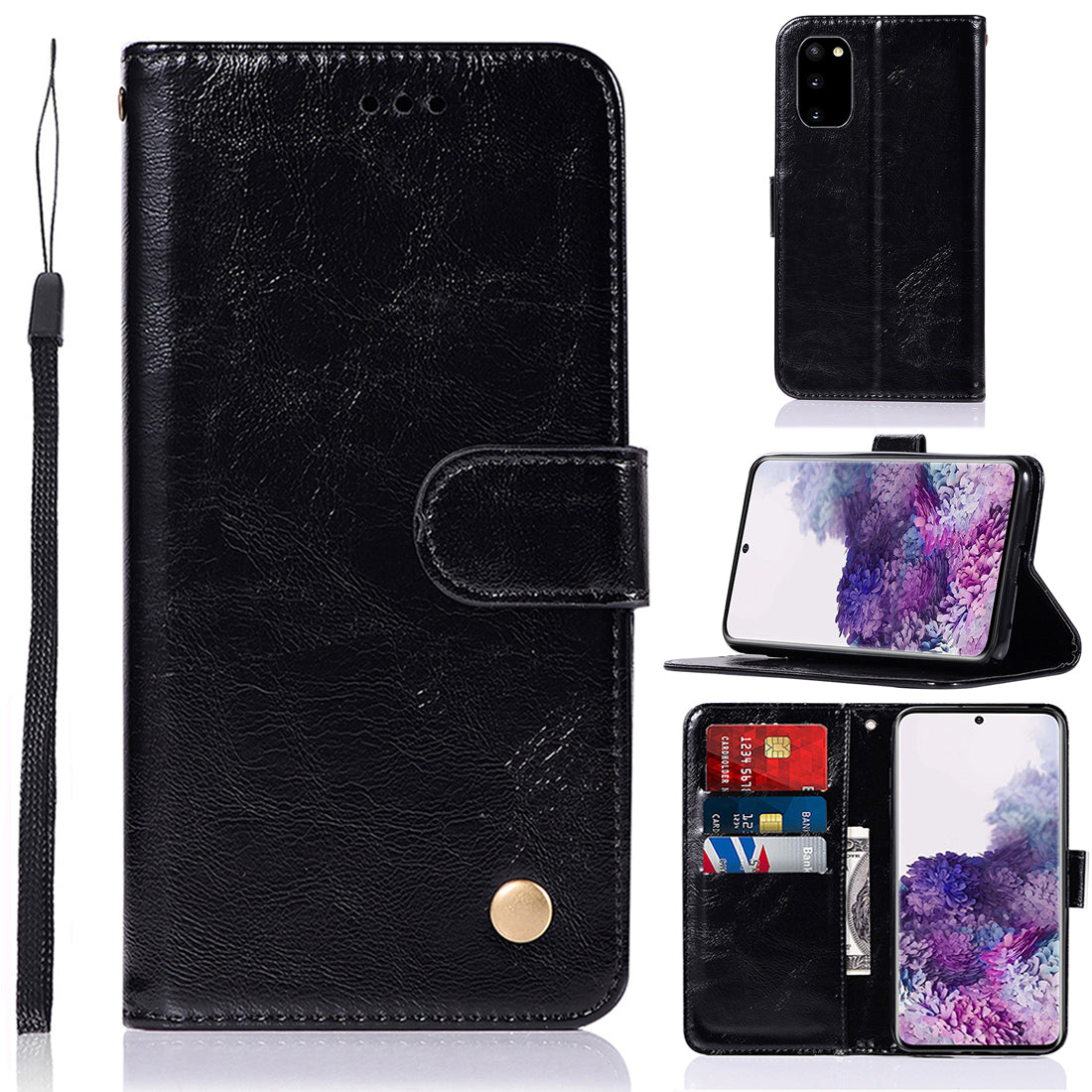 Premium Vintage Leather Wallet Phone Case for Samsung Galaxy S20 4G/S20 5G - Black