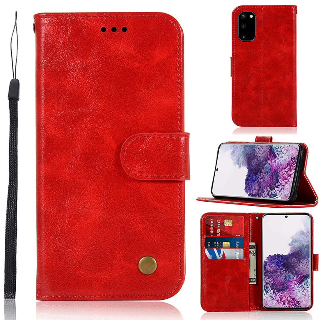 Premium Vintage Leather Wallet Phone Case for Samsung Galaxy S20 4G/S20 5G - Red