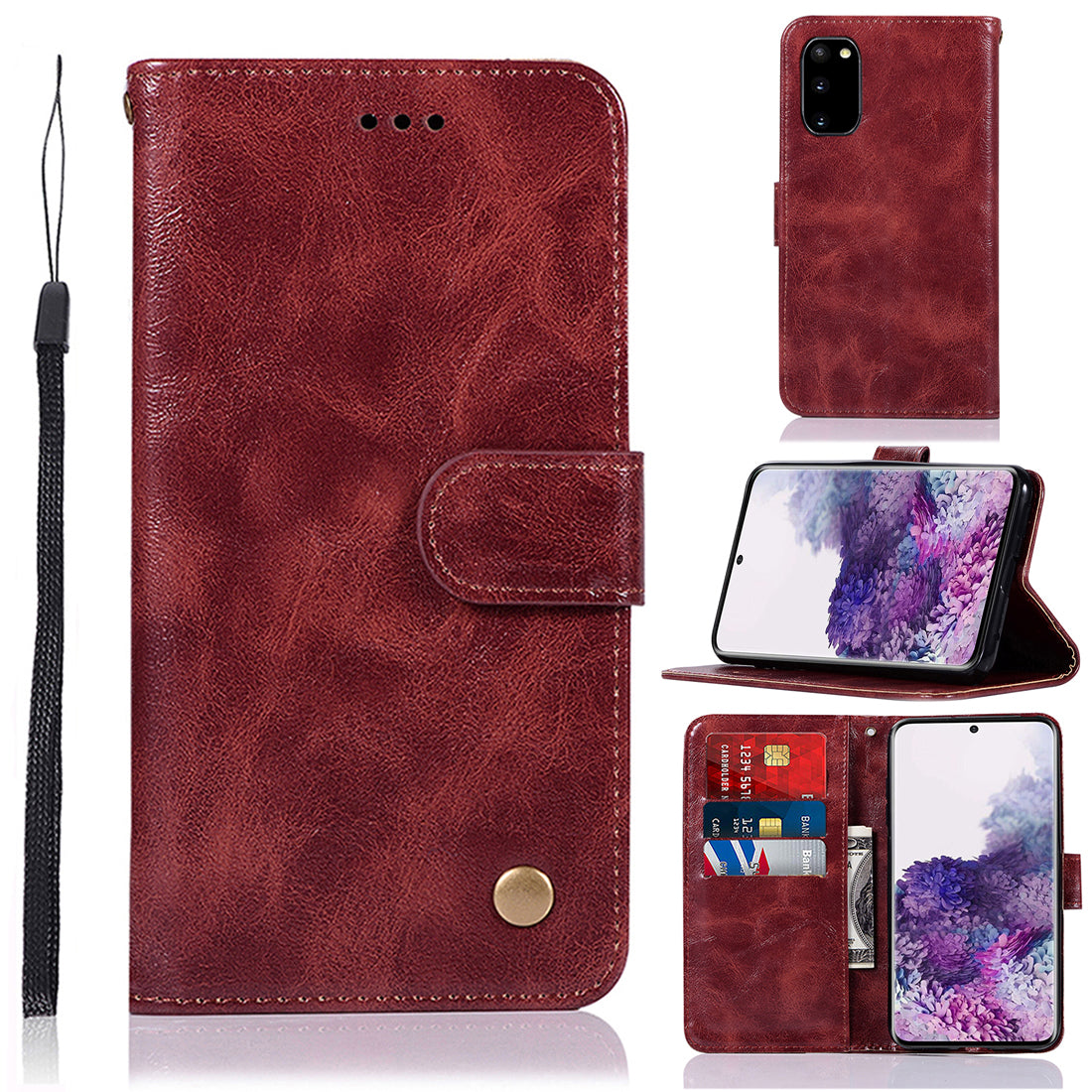 Premium Vintage Leather Wallet Phone Case for Samsung Galaxy S20 4G/S20 5G - Wine Red