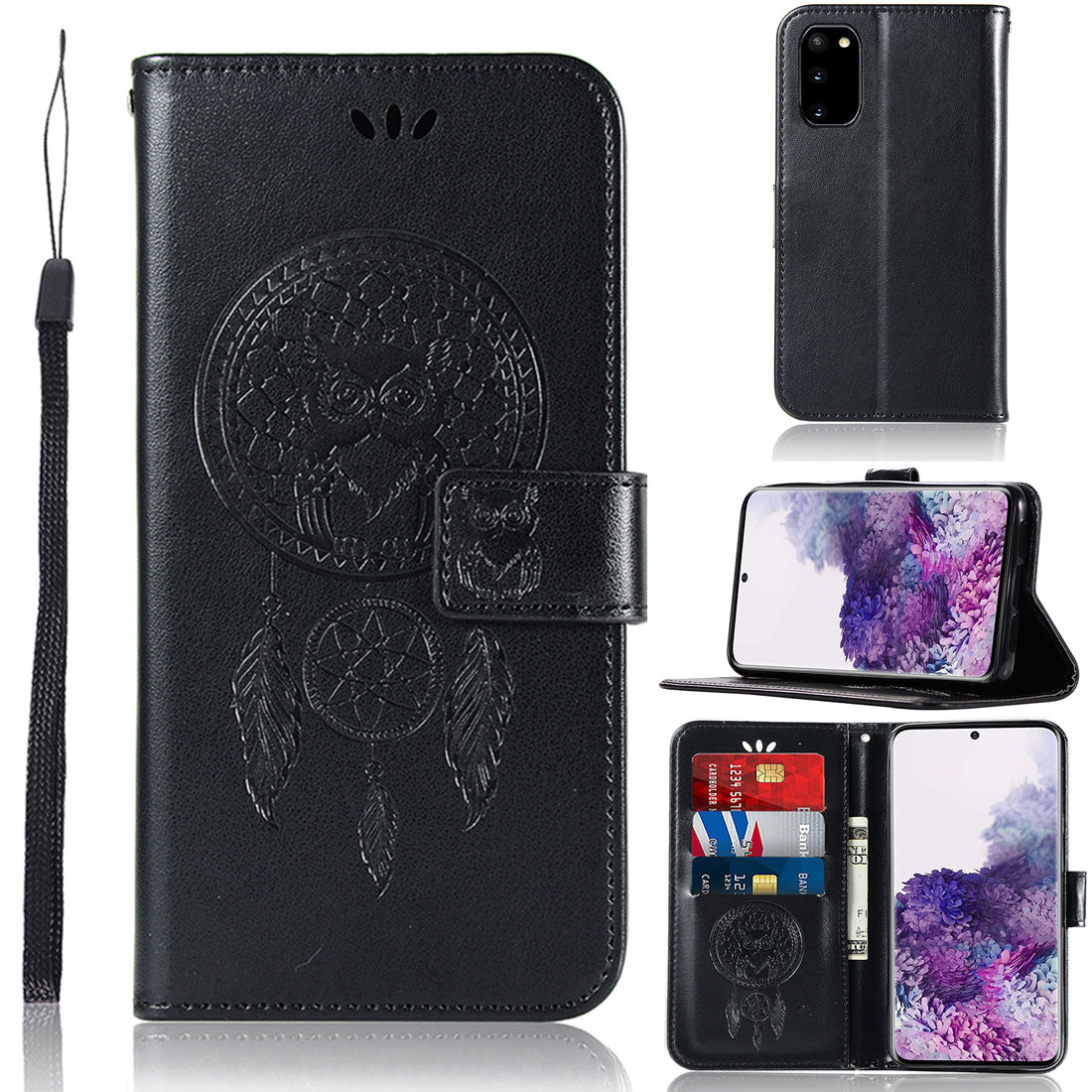 Imprinted Dream Catcher Owl PU Leather Wallet Case for Samsung Galaxy S20 4G/S20 5G - Black