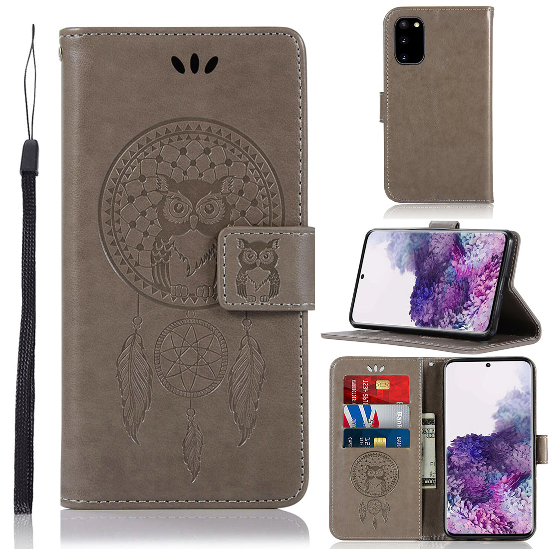 Imprinted Dream Catcher Owl PU Leather Wallet Case for Samsung Galaxy S20 4G/S20 5G - Grey