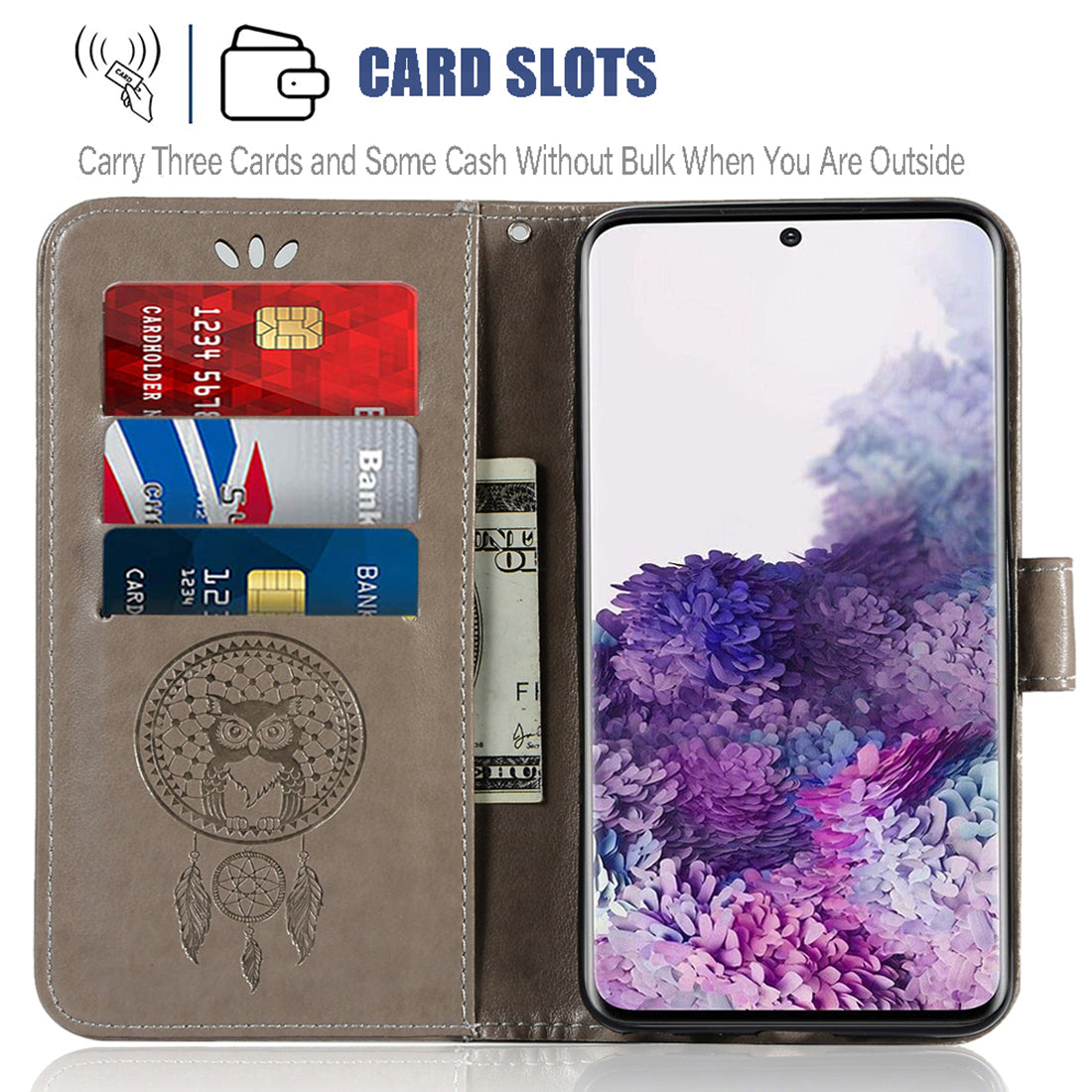 Imprinted Dream Catcher Owl PU Leather Wallet Case for Samsung Galaxy S20 4G/S20 5G - Grey