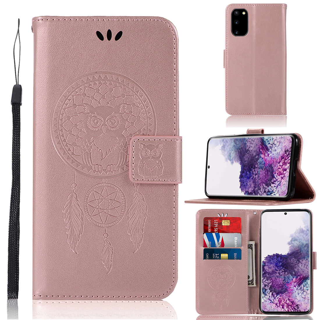 Imprinted Dream Catcher Owl PU Leather Wallet Case for Samsung Galaxy S20 4G/S20 5G - Rose Gold