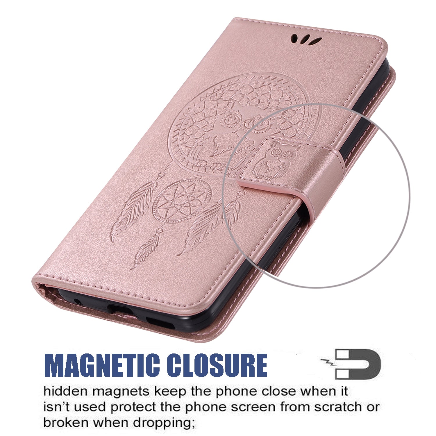 Imprinted Dream Catcher Owl PU Leather Wallet Case for Samsung Galaxy S20 4G/S20 5G - Rose Gold