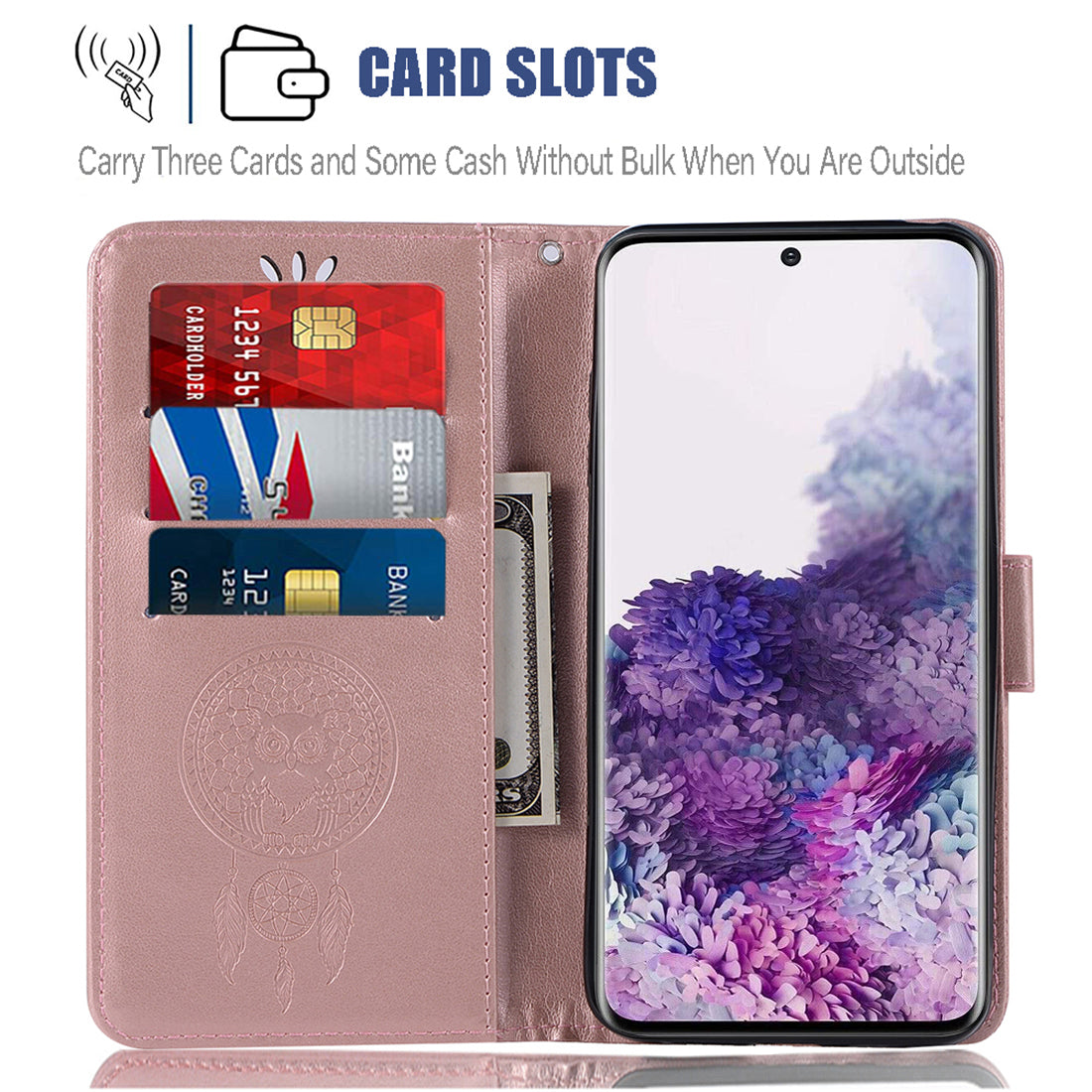 Imprinted Dream Catcher Owl PU Leather Wallet Case for Samsung Galaxy S20 4G/S20 5G - Rose Gold