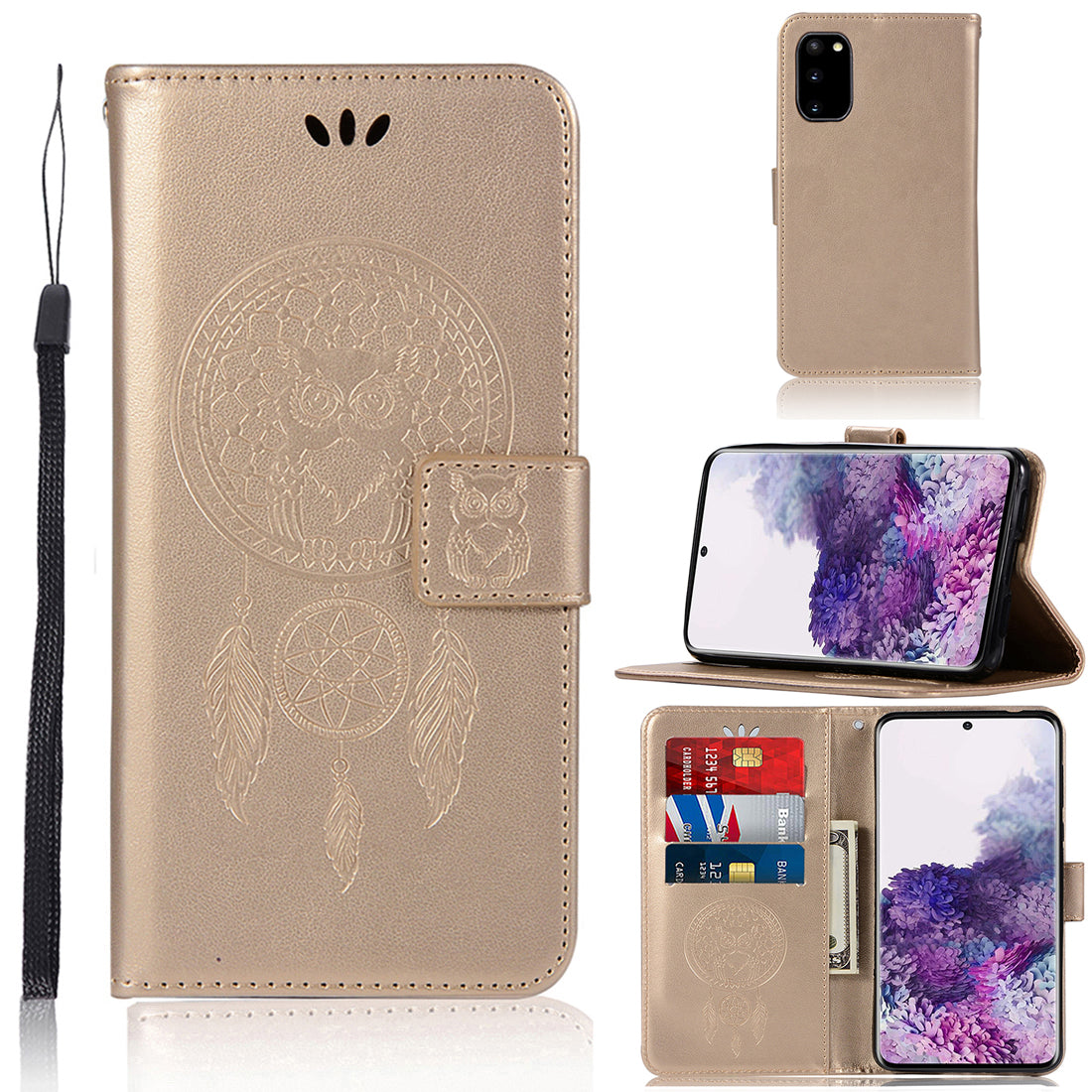 Imprinted Dream Catcher Owl PU Leather Wallet Case for Samsung Galaxy S20 4G/S20 5G - Gold