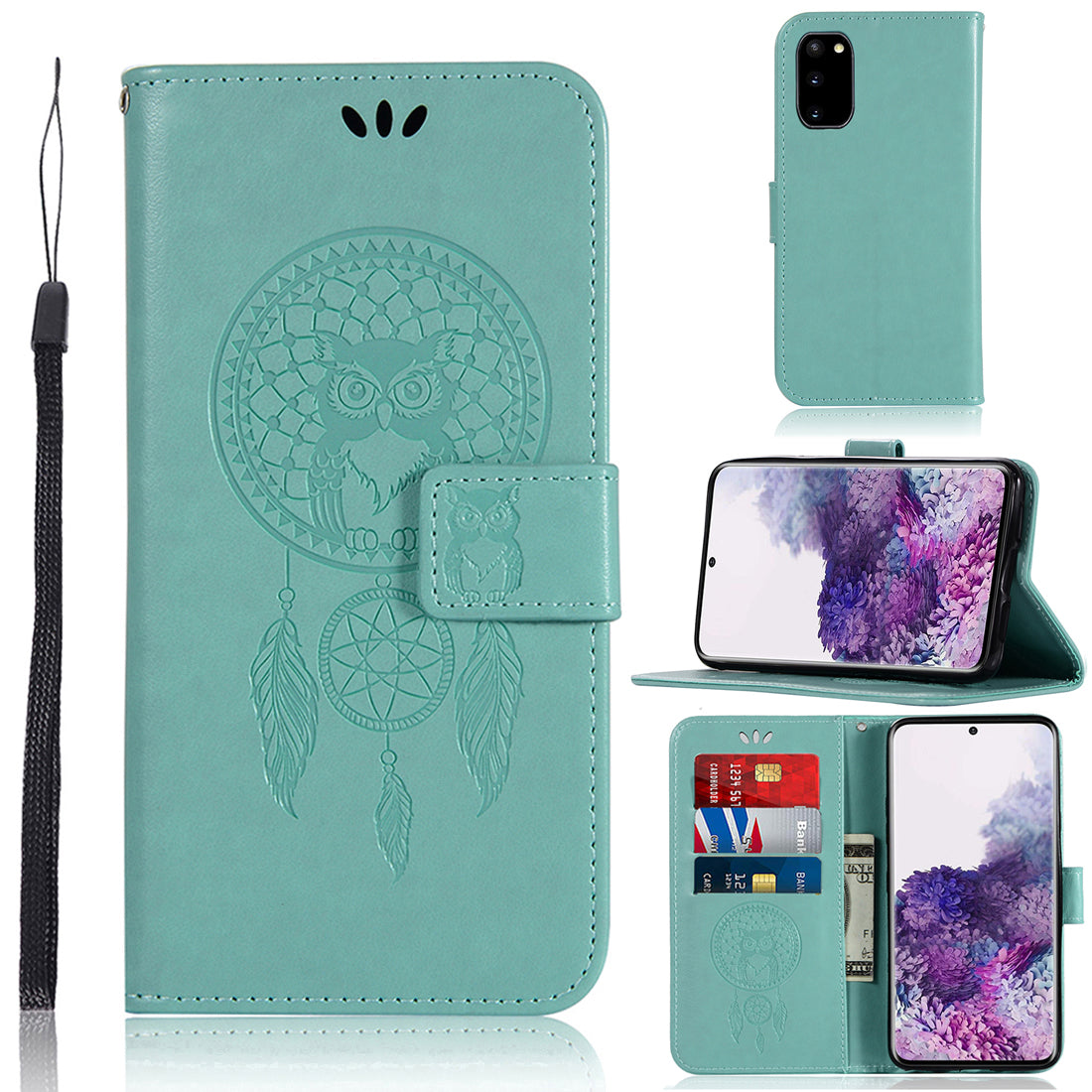 Imprinted Dream Catcher Owl PU Leather Wallet Case for Samsung Galaxy S20 4G/S20 5G - Green