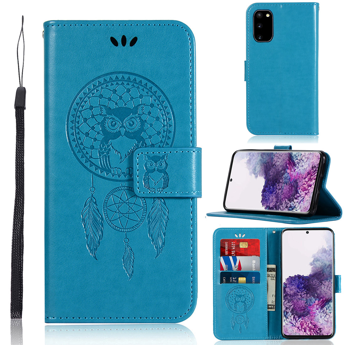 Imprinted Dream Catcher Owl PU Leather Wallet Case for Samsung Galaxy S20 4G/S20 5G - Blue