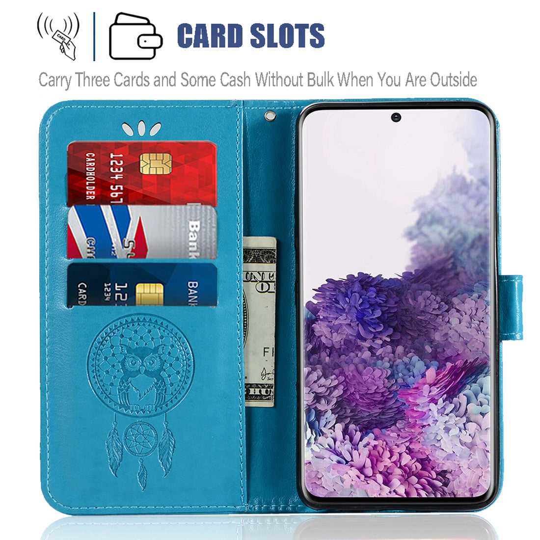 Imprinted Dream Catcher Owl PU Leather Wallet Case for Samsung Galaxy S20 4G/S20 5G - Blue