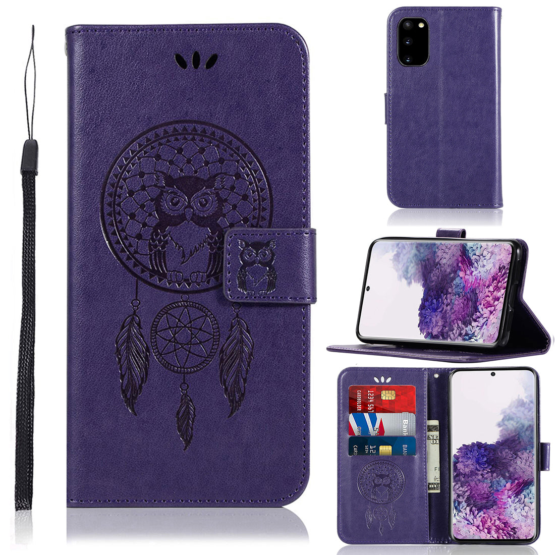 Imprinted Dream Catcher Owl PU Leather Wallet Case for Samsung Galaxy S20 4G/S20 5G - Purple