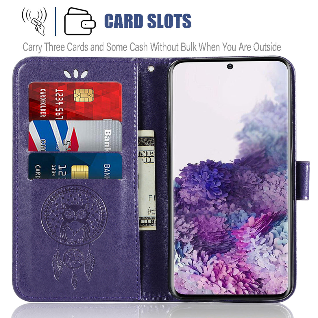 Imprinted Dream Catcher Owl PU Leather Wallet Case for Samsung Galaxy S20 4G/S20 5G - Purple