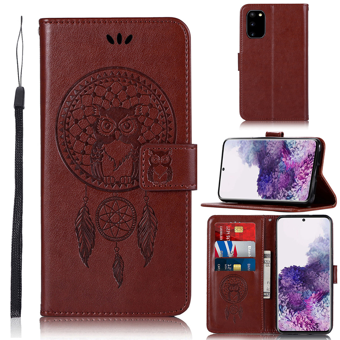 Imprinted Dream Catcher Owl PU Leather Wallet Case for Samsung Galaxy S20 4G/S20 5G - Brown