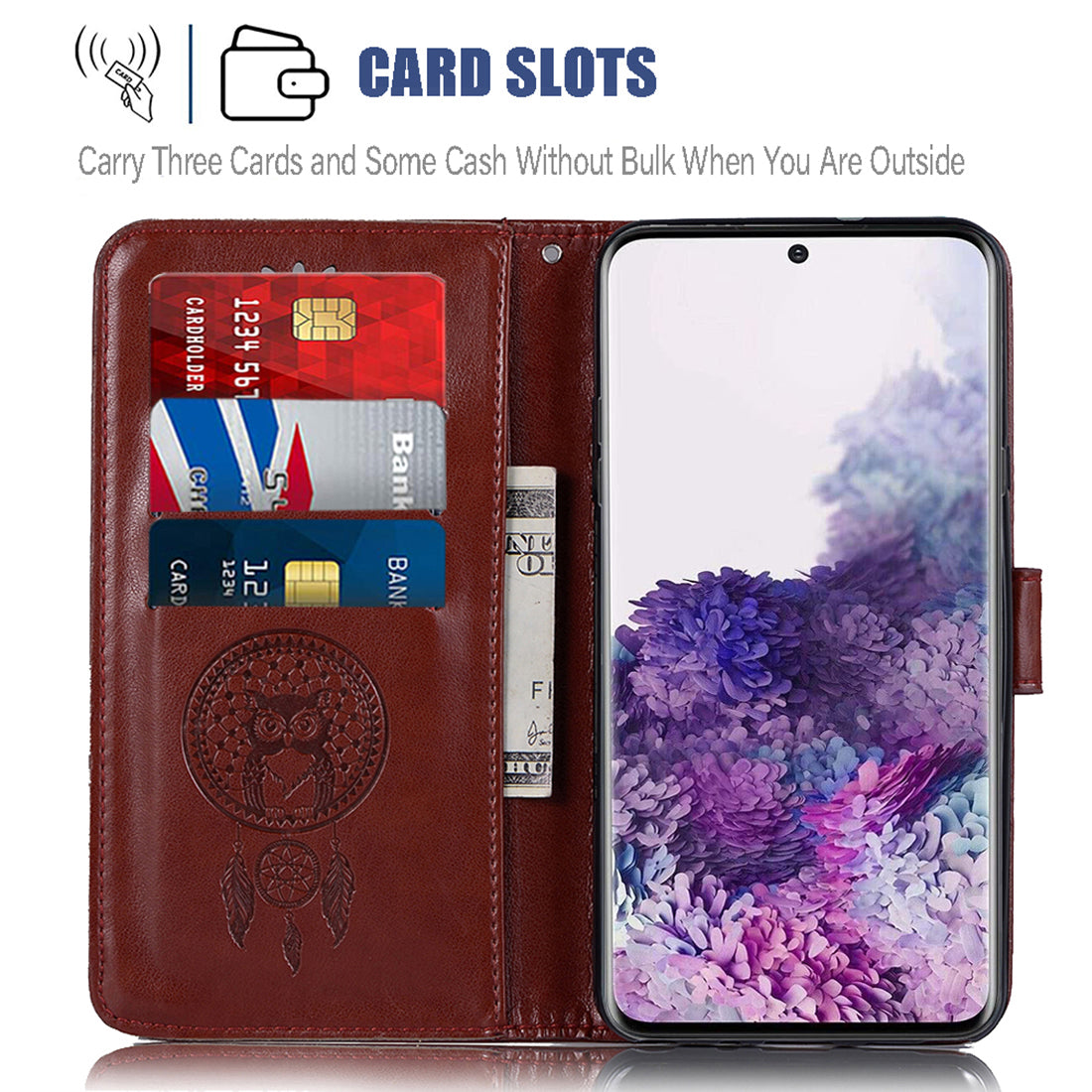 Imprinted Dream Catcher Owl PU Leather Wallet Case for Samsung Galaxy S20 4G/S20 5G - Brown