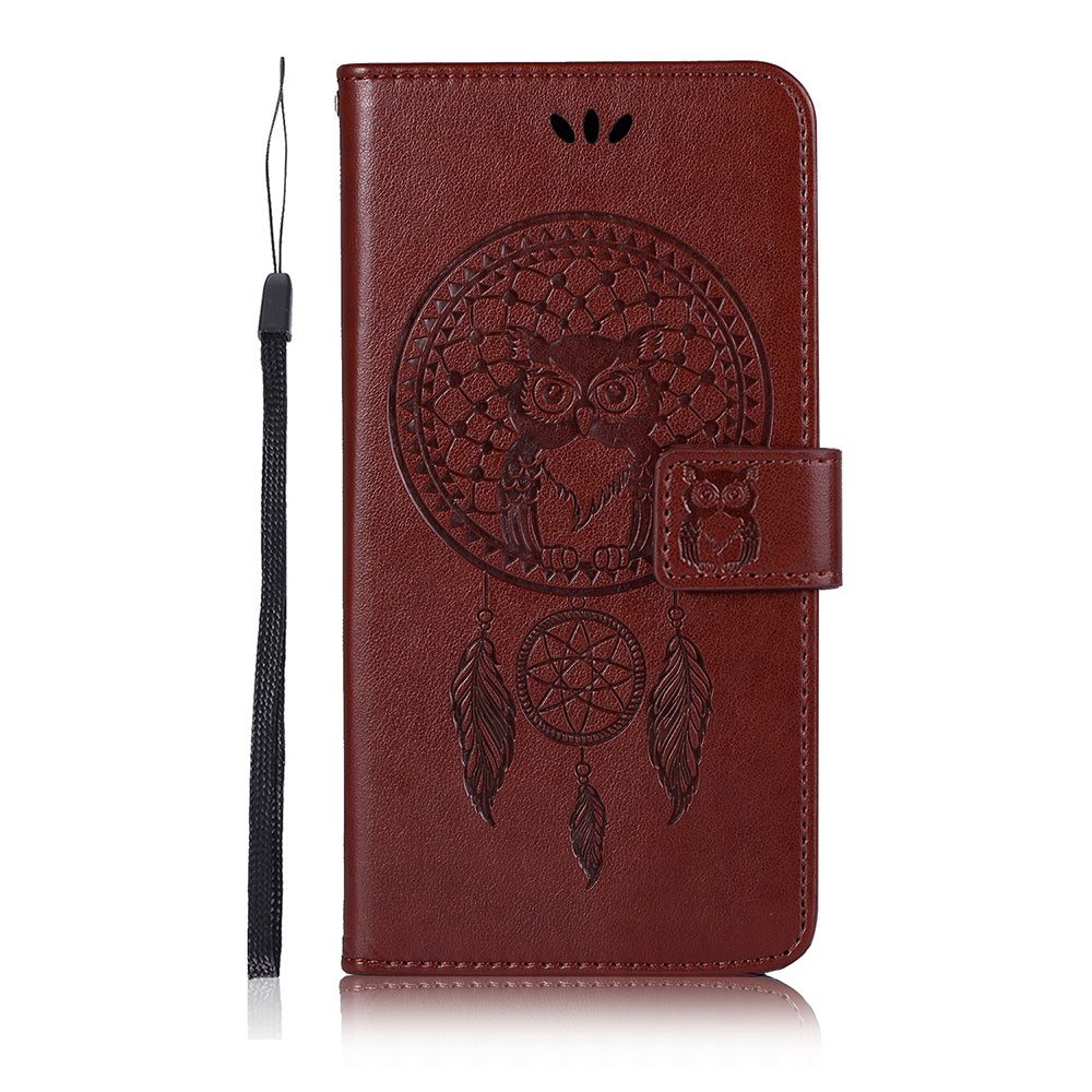 Imprinted Dream Catcher Owl PU Leather Wallet Case for Samsung Galaxy S20 4G/S20 5G - Brown