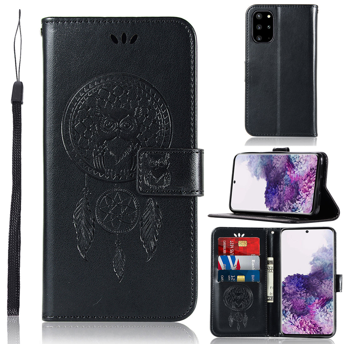 Imprinted Dream Catcher Owl Leather Wallet Stand Case for Samsung Galaxy S20 Plus - Black