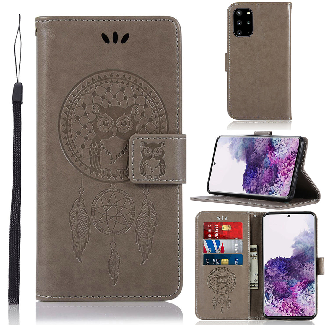 Imprinted Dream Catcher Owl Leather Wallet Stand Case for Samsung Galaxy S20 Plus - Grey