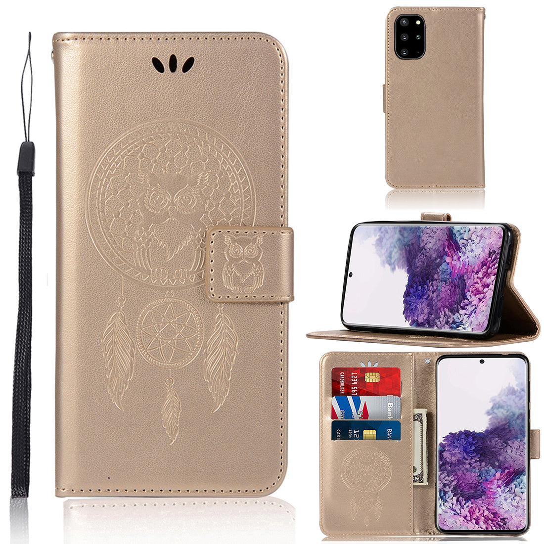 Imprinted Dream Catcher Owl Leather Wallet Stand Case for Samsung Galaxy S20 Plus - Gold