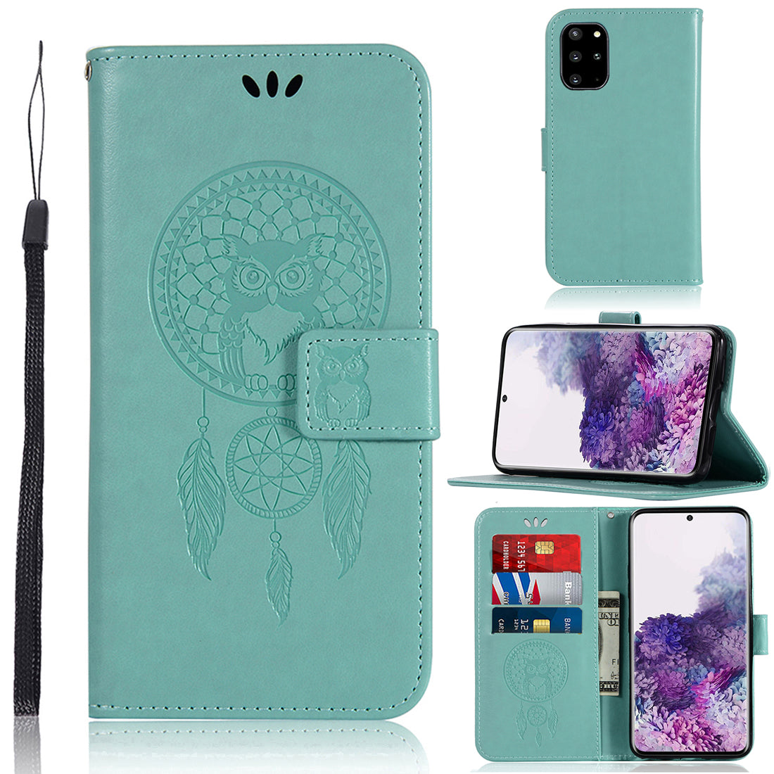 Imprinted Dream Catcher Owl Leather Wallet Stand Case for Samsung Galaxy S20 Plus - Green