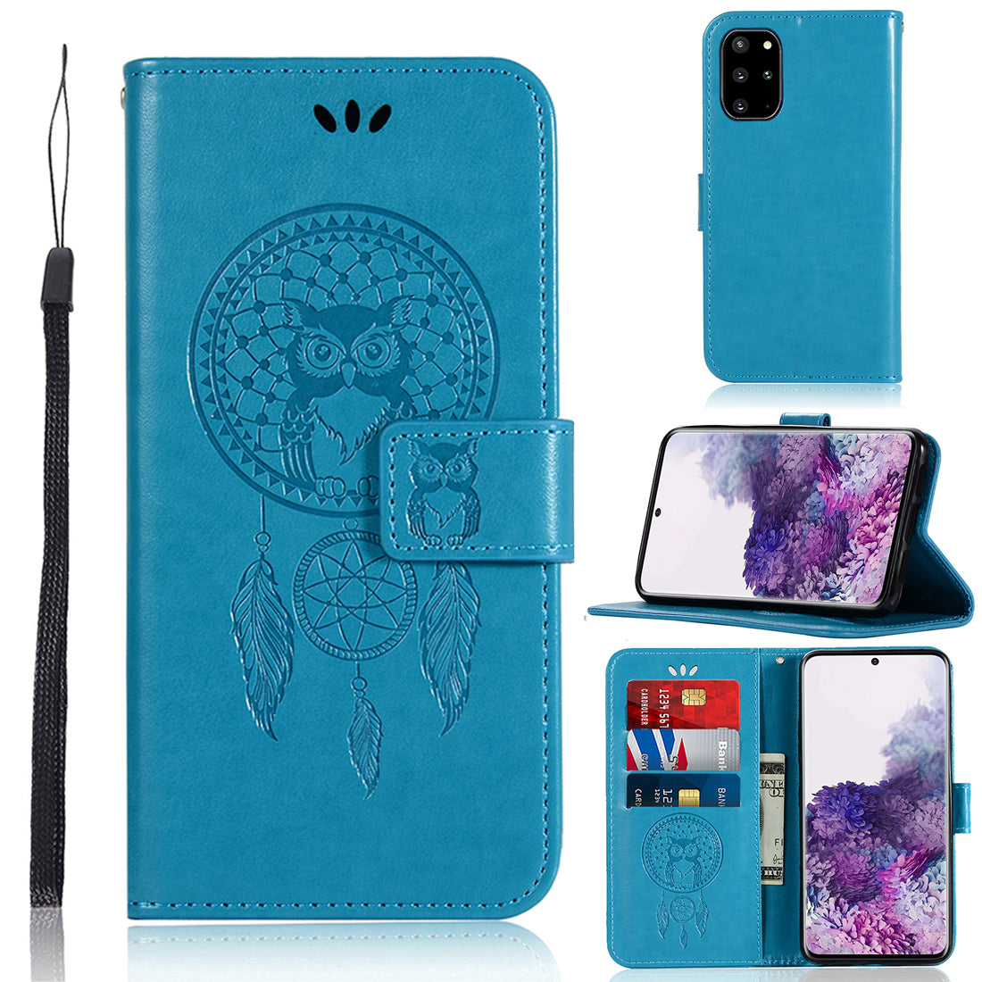 Imprinted Dream Catcher Owl Leather Wallet Stand Case for Samsung Galaxy S20 Plus - Blue