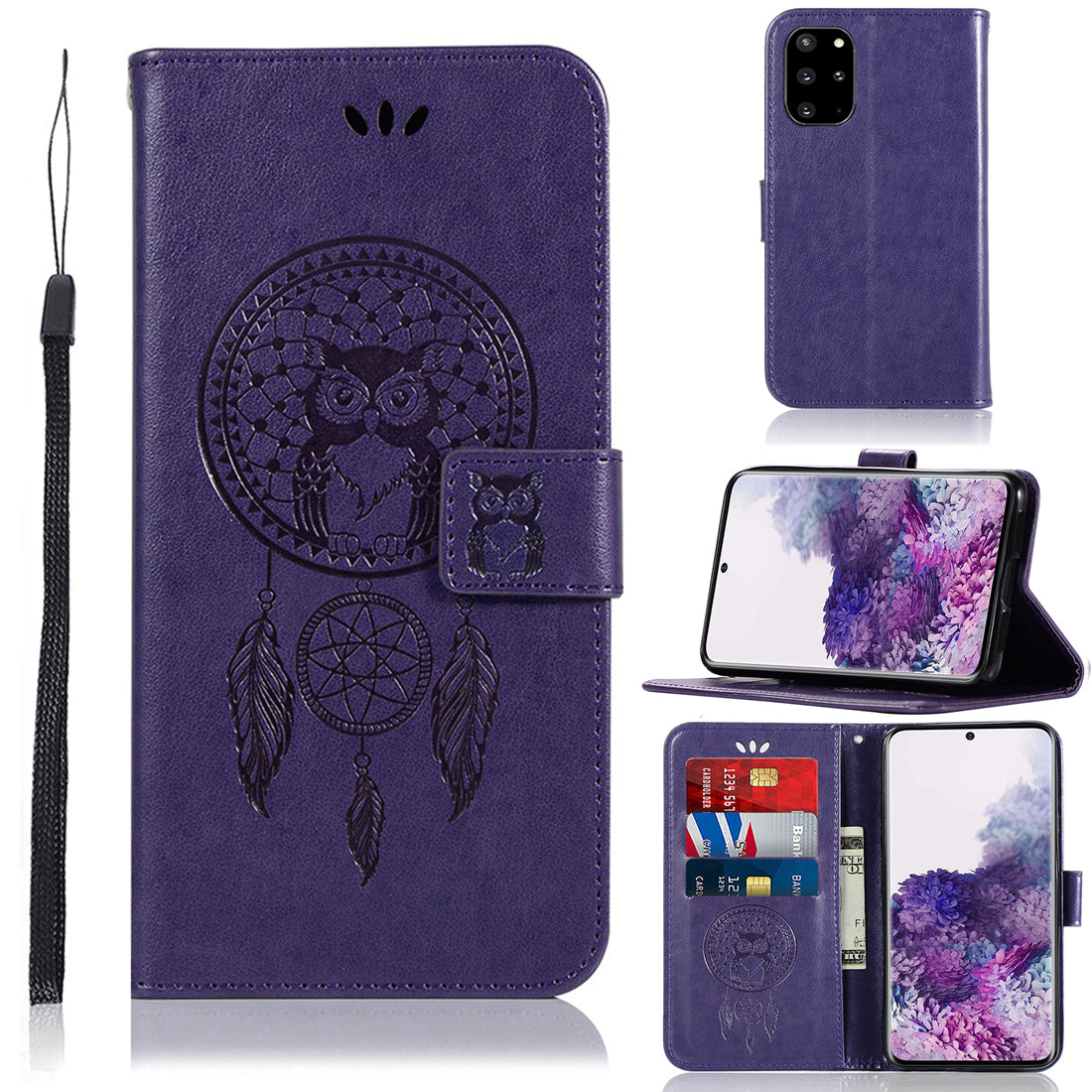 Imprinted Dream Catcher Owl Leather Wallet Stand Case for Samsung Galaxy S20 Plus - Purple