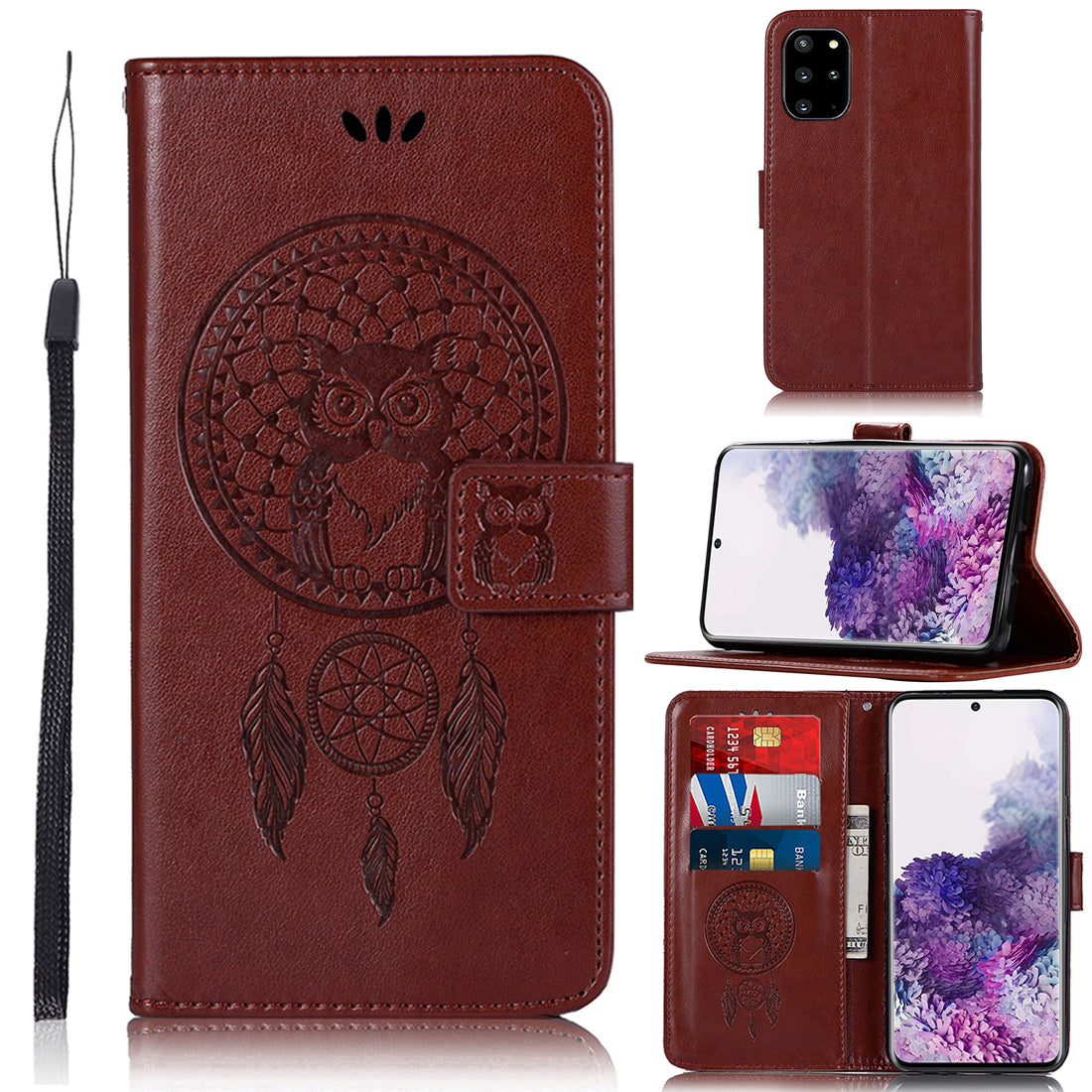 Imprinted Dream Catcher Owl Leather Wallet Stand Case for Samsung Galaxy S20 Plus - Brown