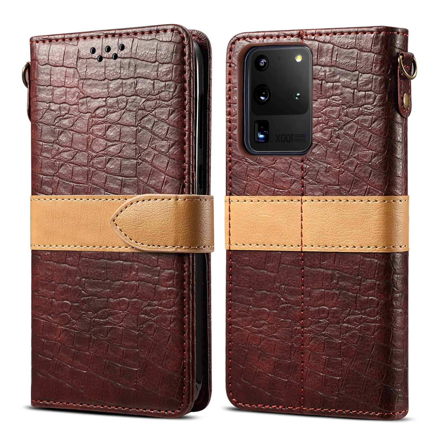 Crocodile Skin Leather Wallet Case for Samsung Galaxy S20 Ultra - Brown