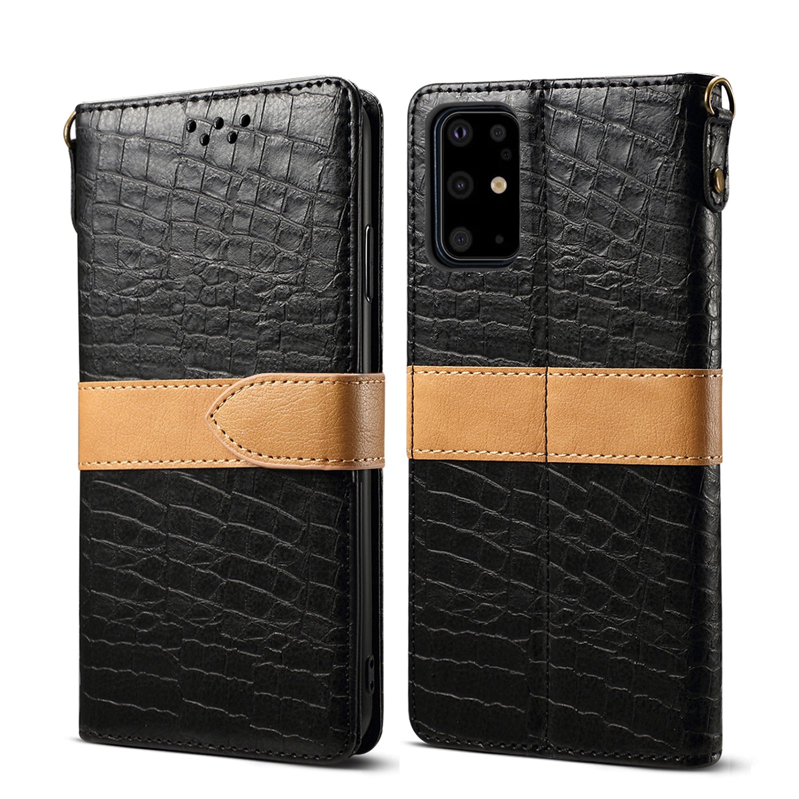 Crocodile Skin Leather Wallet Stand Case for Samsung Galaxy S20 Plus - Black