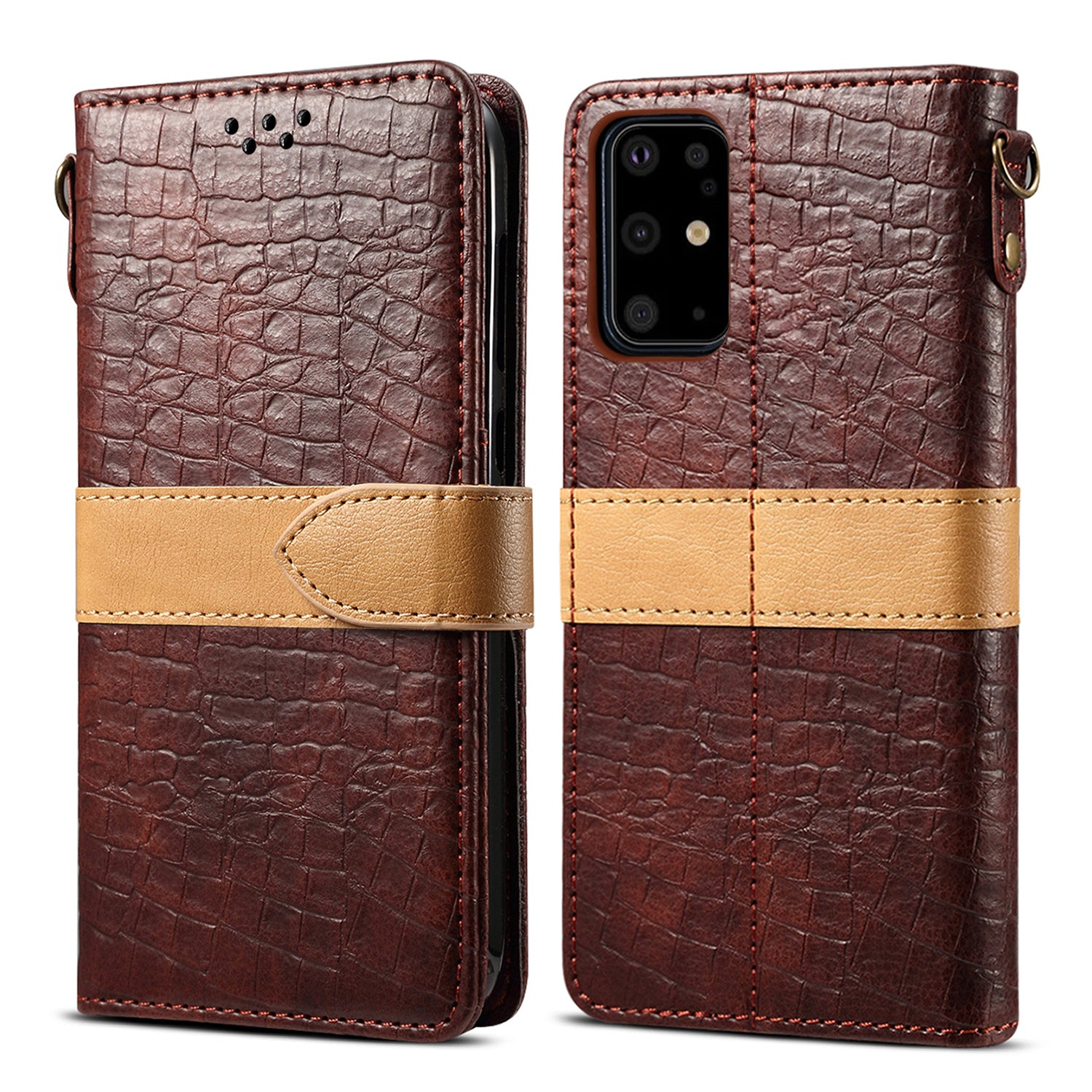 Crocodile Skin Leather Wallet Stand Case for Samsung Galaxy S20 Plus - Brown