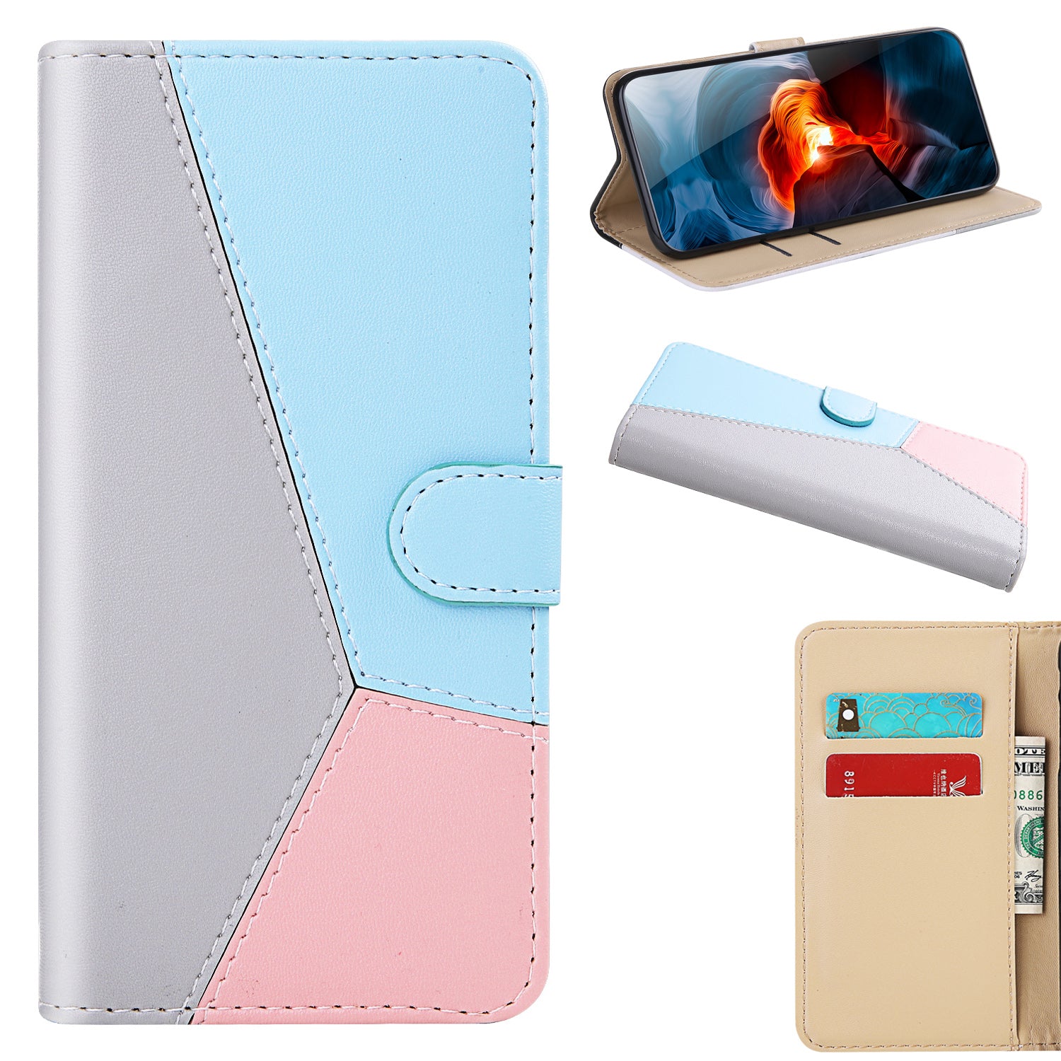 Tricolor PU Leather Unique Wallet Stand Case for Samsung Galaxy S20 4G/S20 5G - Grey/Blue/Pink