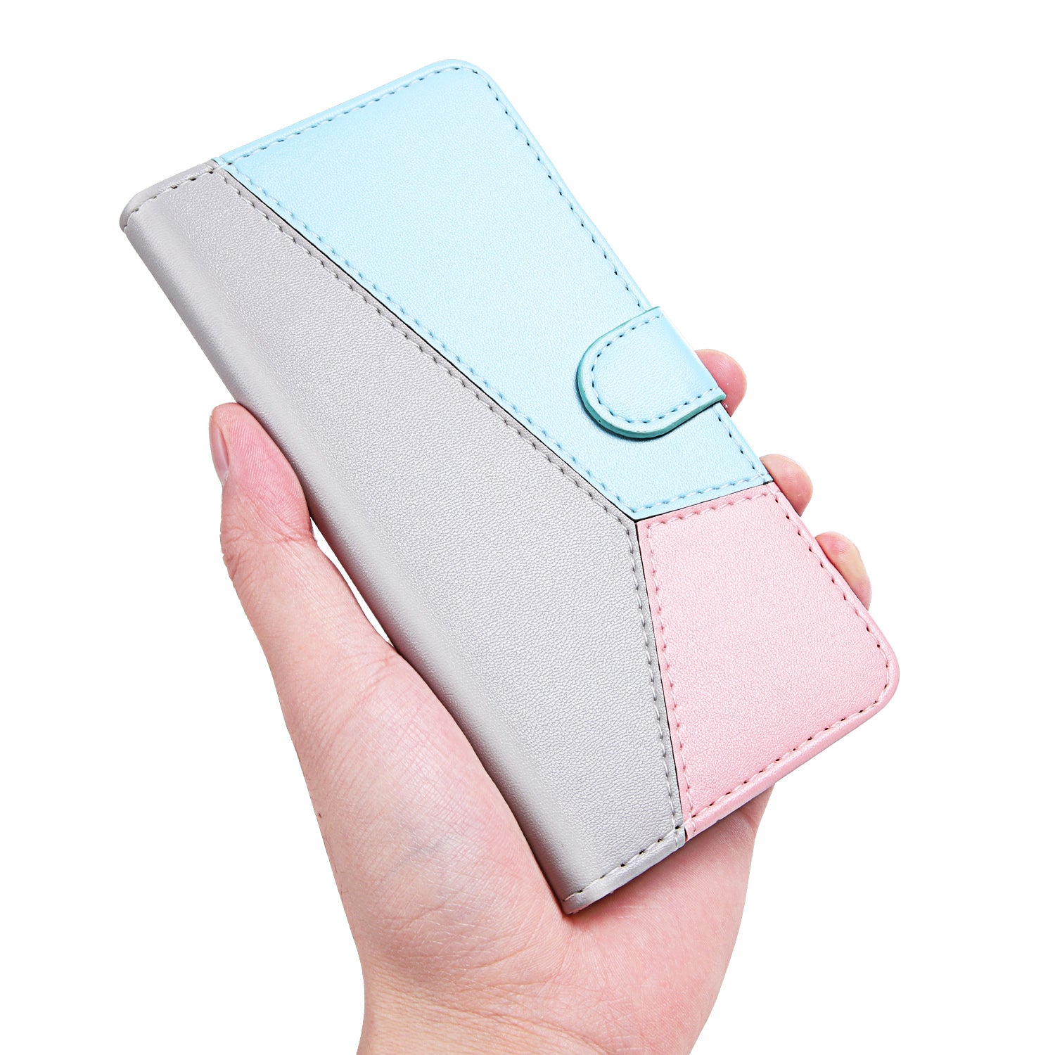 Tricolor PU Leather Unique Wallet Stand Case for Samsung Galaxy S20 4G/S20 5G - Grey/Blue/Pink