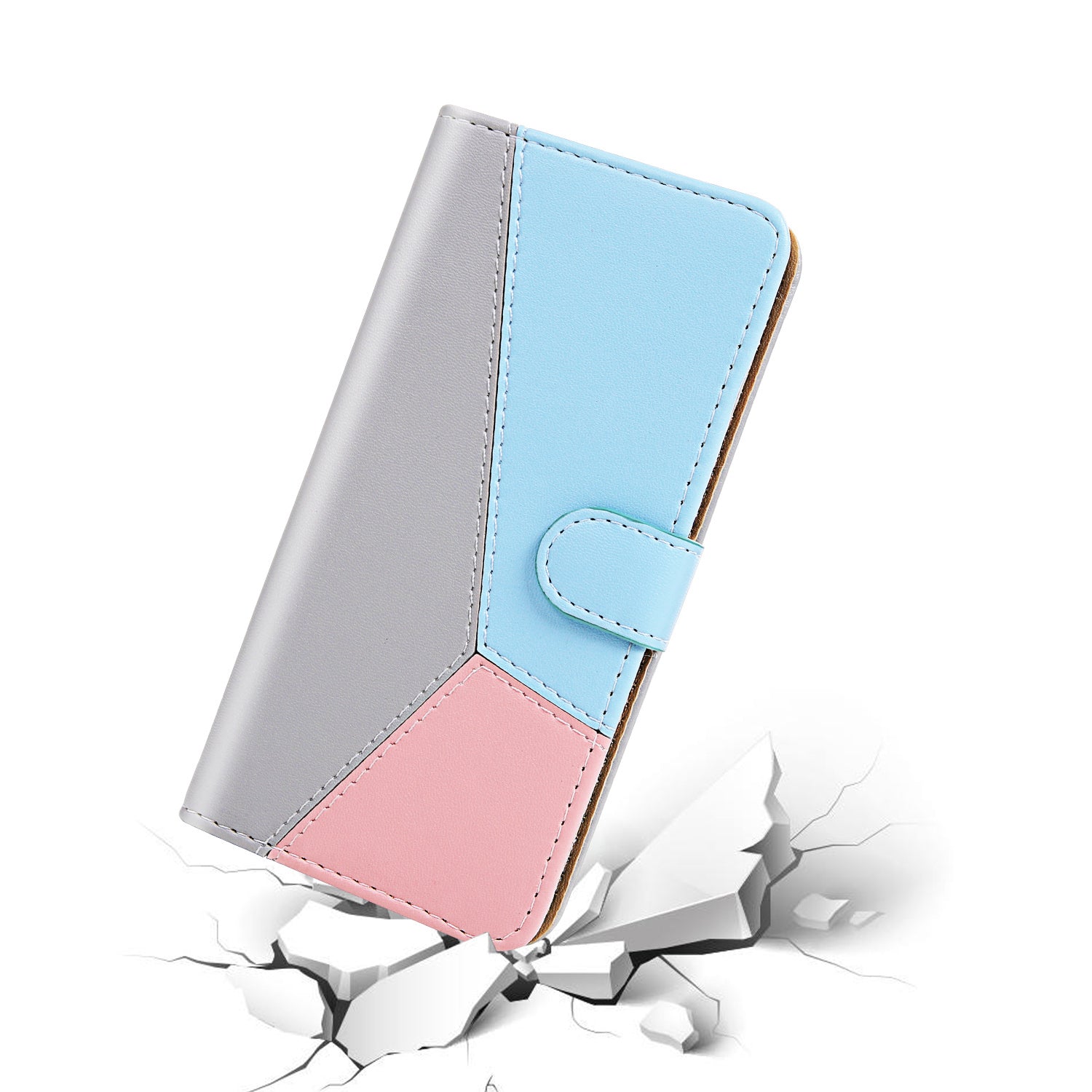 Tricolor PU Leather Unique Wallet Stand Case for Samsung Galaxy S20 4G/S20 5G - Grey/Blue/Pink