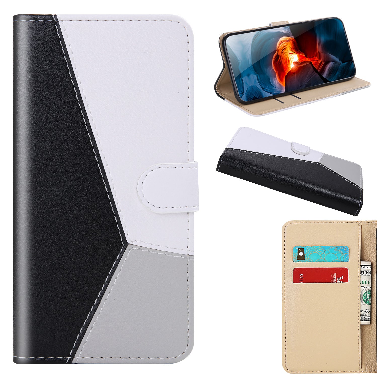 Tricolor PU Leather Unique Wallet Stand Case for Samsung Galaxy S20 4G/S20 5G - Black/White/Grey