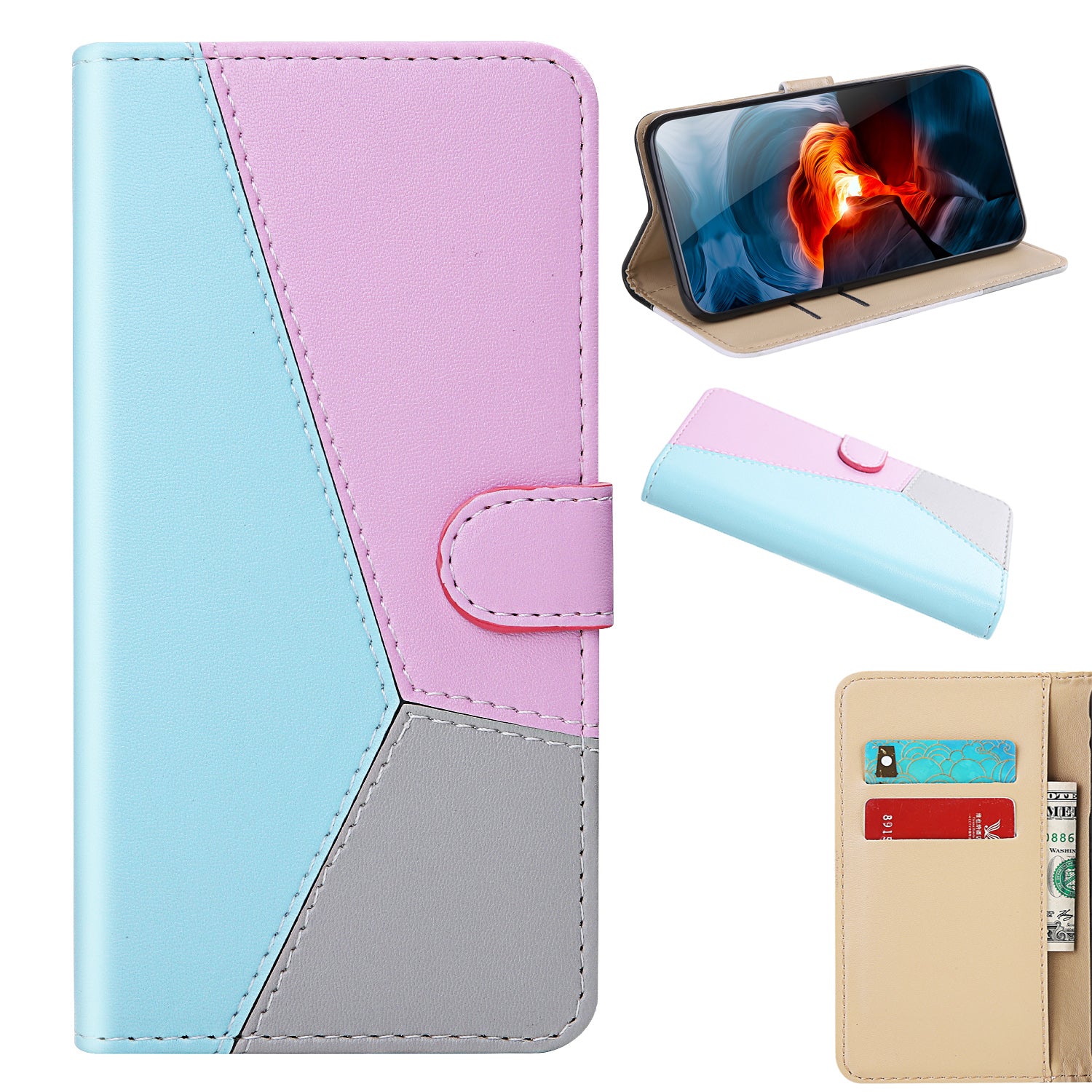 Tri-color PU Leather Wallet Phone Shell Stand Cover for Samsung Galaxy S20 Plus - Blue/Purple/Grey