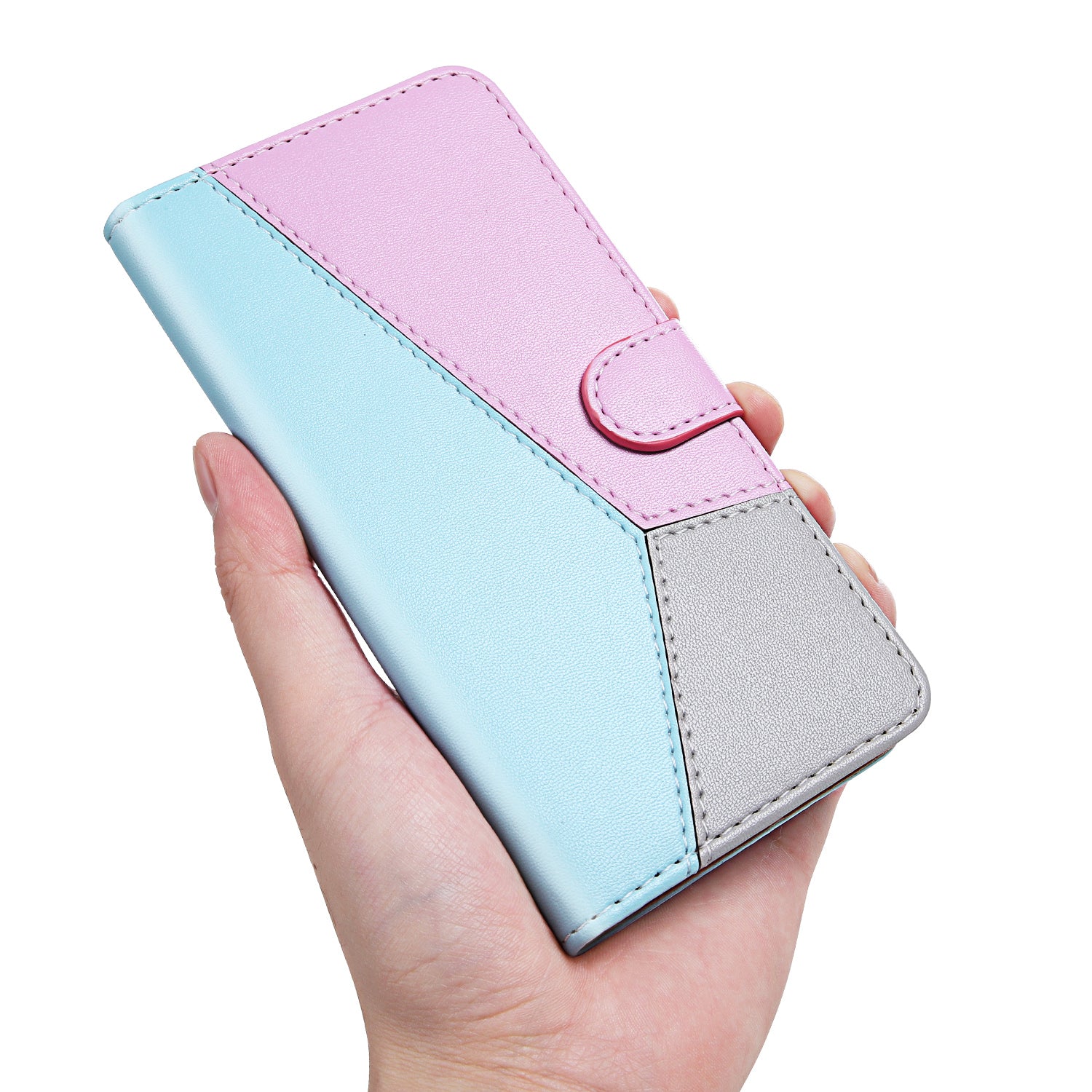 Tri-color PU Leather Wallet Phone Shell Stand Cover for Samsung Galaxy S20 Plus - Blue/Purple/Grey