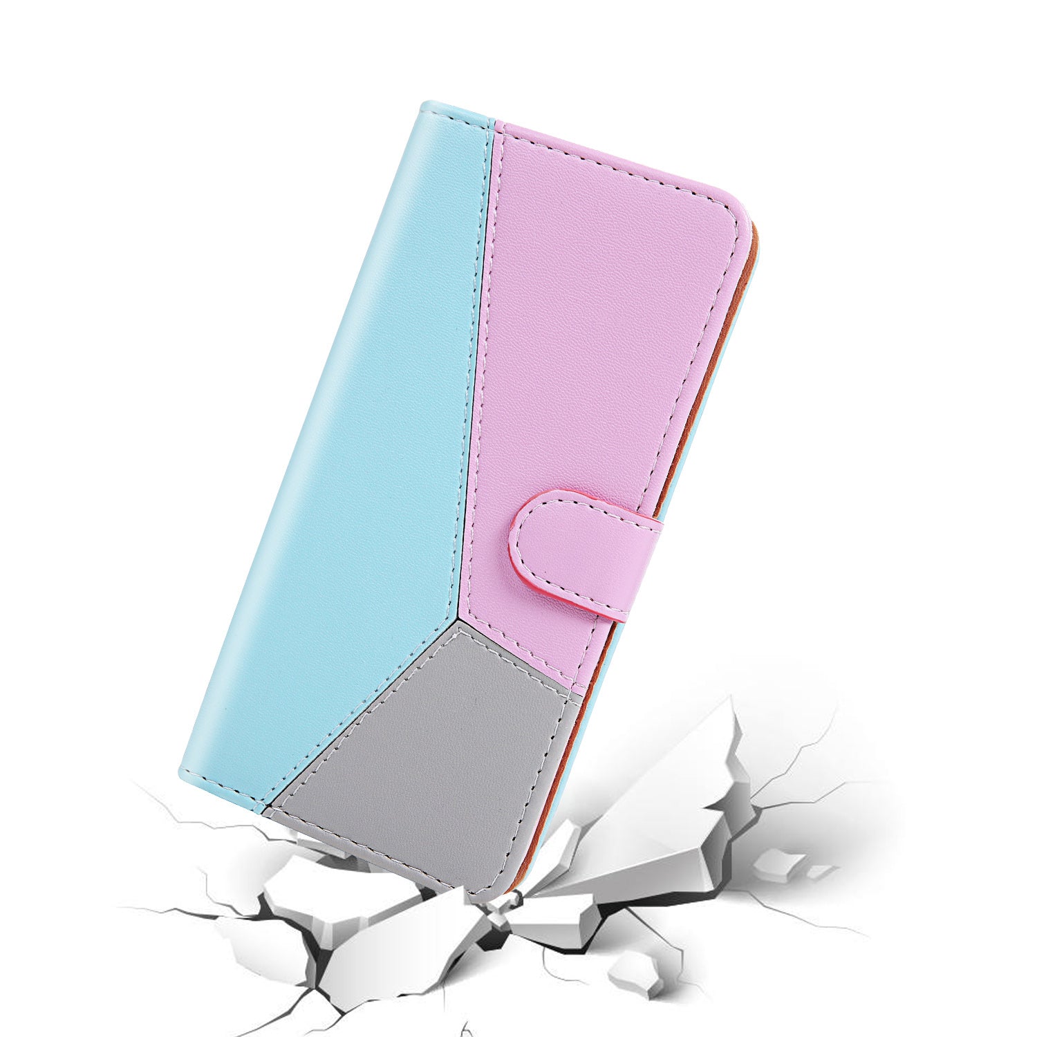 Tri-color PU Leather Wallet Phone Shell Stand Cover for Samsung Galaxy S20 Plus - Blue/Purple/Grey