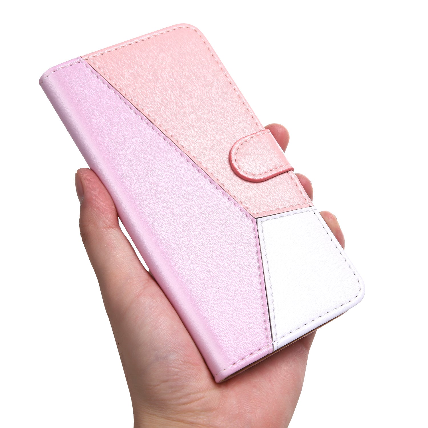 Tri-color PU Leather Wallet Phone Shell Stand Cover for Samsung Galaxy S20 Plus - Purple/Pink/White