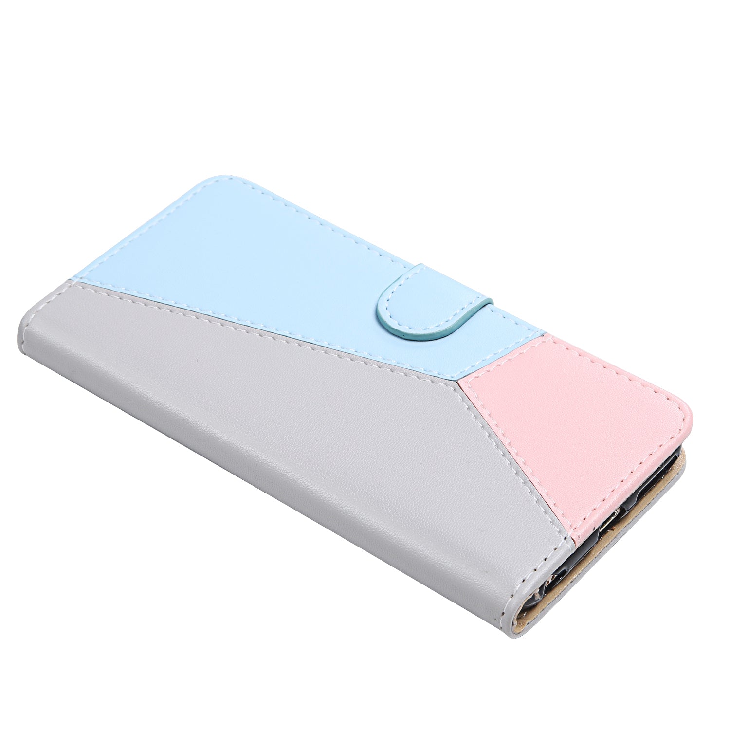 Tri-color PU Leather Wallet Phone Shell Stand Cover for Samsung Galaxy S20 Plus - Grey/Blue/Pink