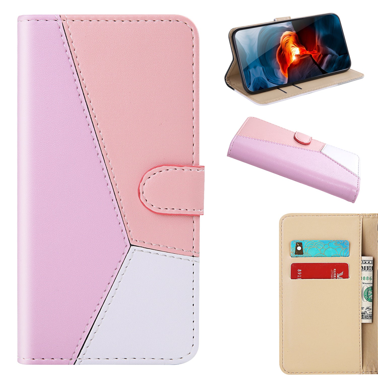 Tri-color PU Leather with Wallet Cover for Samsung Galaxy S20 Ultra - Purple/Pink/White