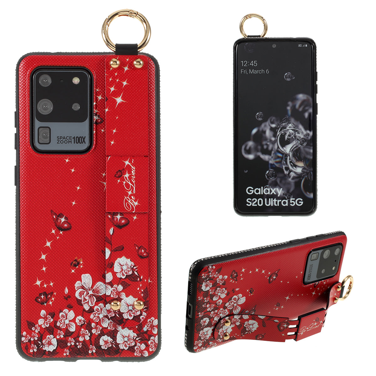 Flower Pattern Rhinestone Decor TPU Phone Casing with Hand Strap for Samsung Galaxy S20 Ultra - Red