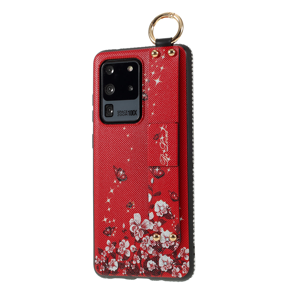 Flower Pattern Rhinestone Decor TPU Phone Casing with Hand Strap for Samsung Galaxy S20 Ultra - Red