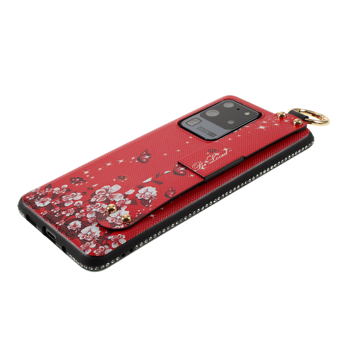 Flower Pattern Rhinestone Decor TPU Phone Casing with Hand Strap for Samsung Galaxy S20 Ultra - Red