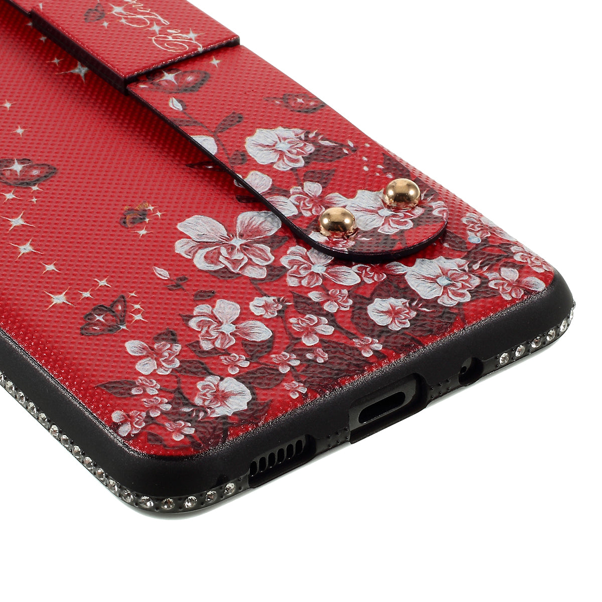 Flower Pattern Rhinestone Decor TPU Phone Casing with Hand Strap for Samsung Galaxy S20 Ultra - Red