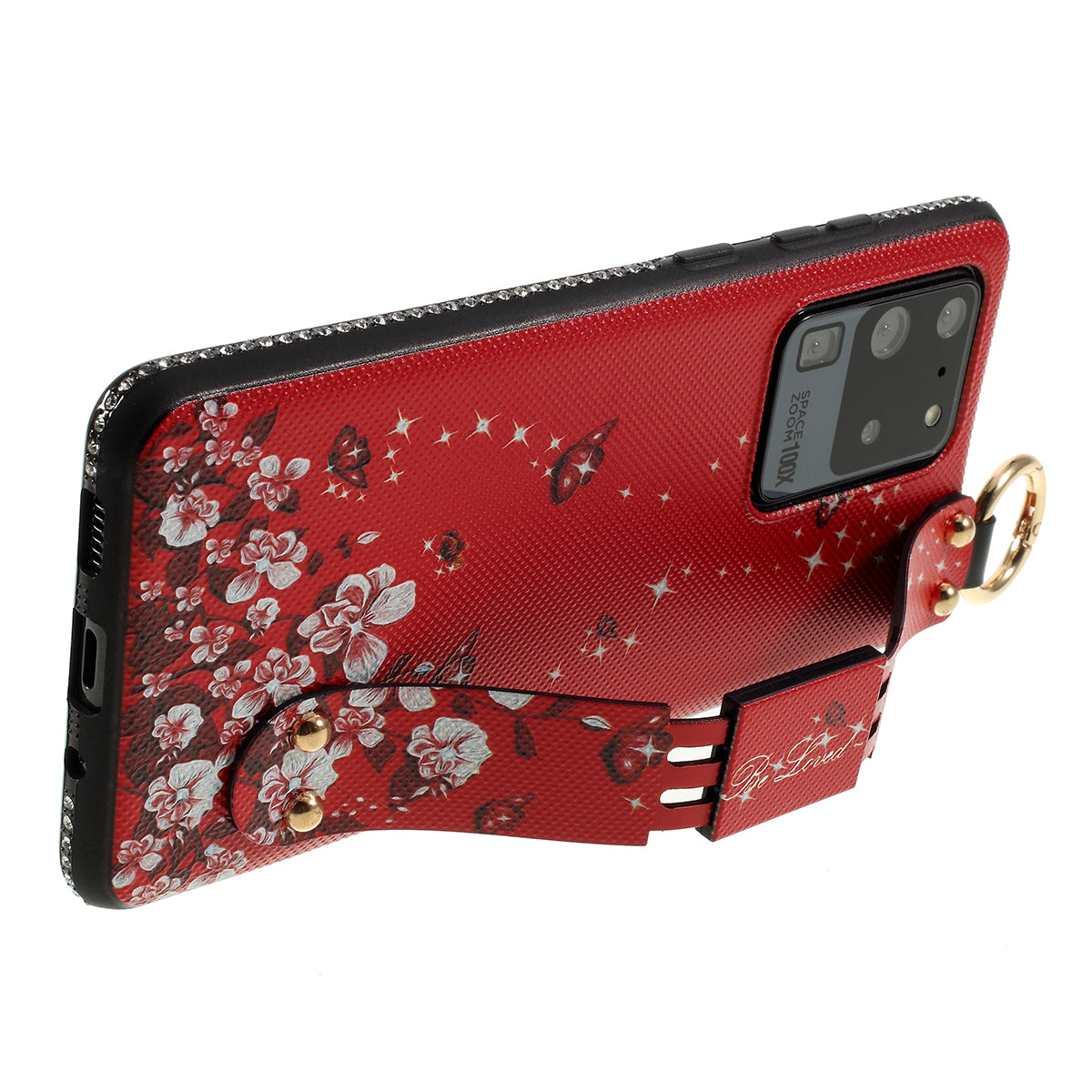 Flower Pattern Rhinestone Decor TPU Phone Casing with Hand Strap for Samsung Galaxy S20 Ultra - Red