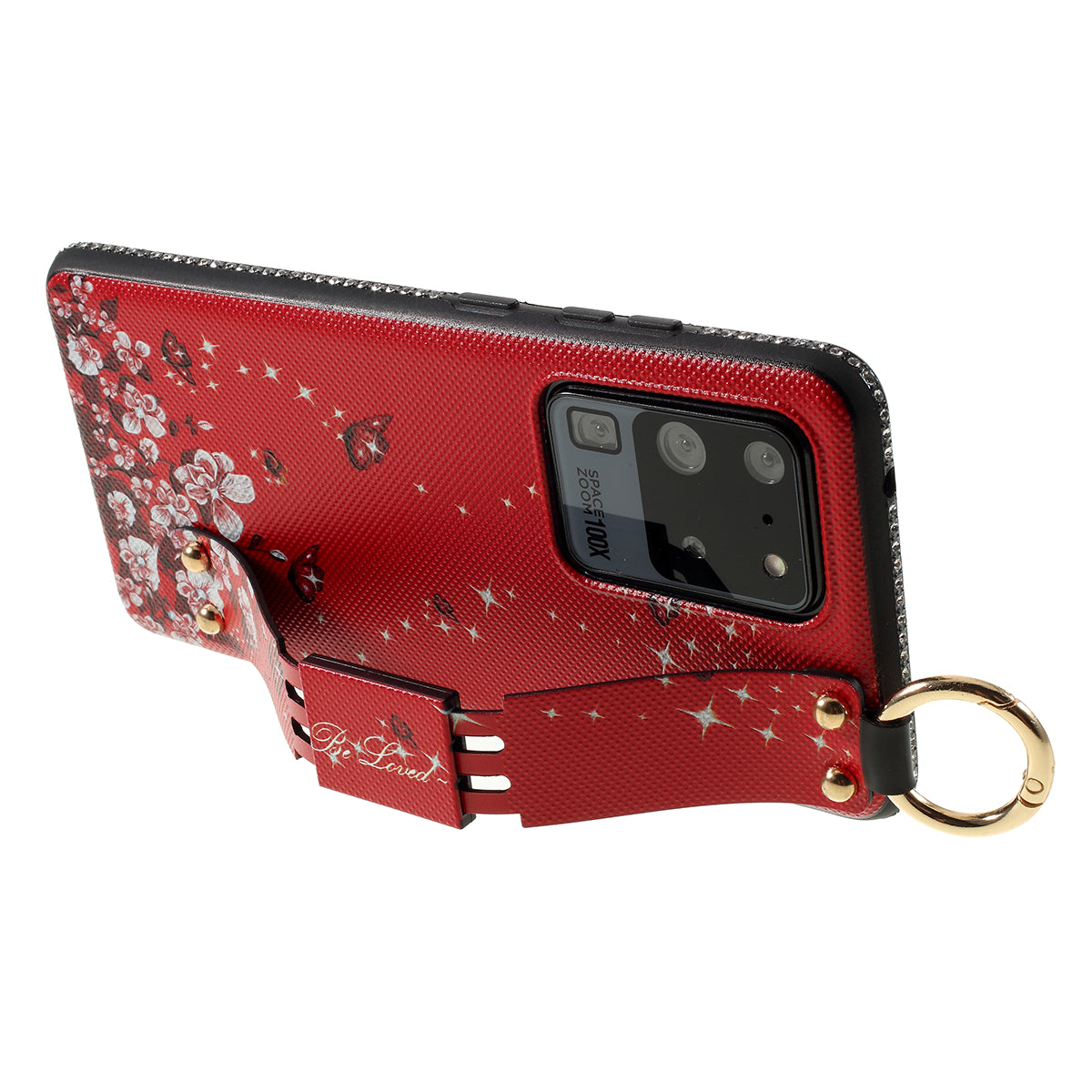 Flower Pattern Rhinestone Decor TPU Phone Casing with Hand Strap for Samsung Galaxy S20 Ultra - Red