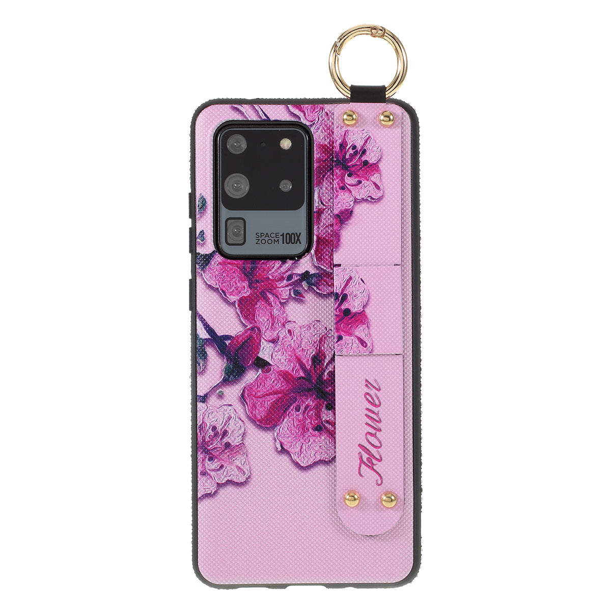 Flower Pattern Rhinestone Decor TPU Phone Casing with Hand Strap for Samsung Galaxy S20 Ultra - Pink